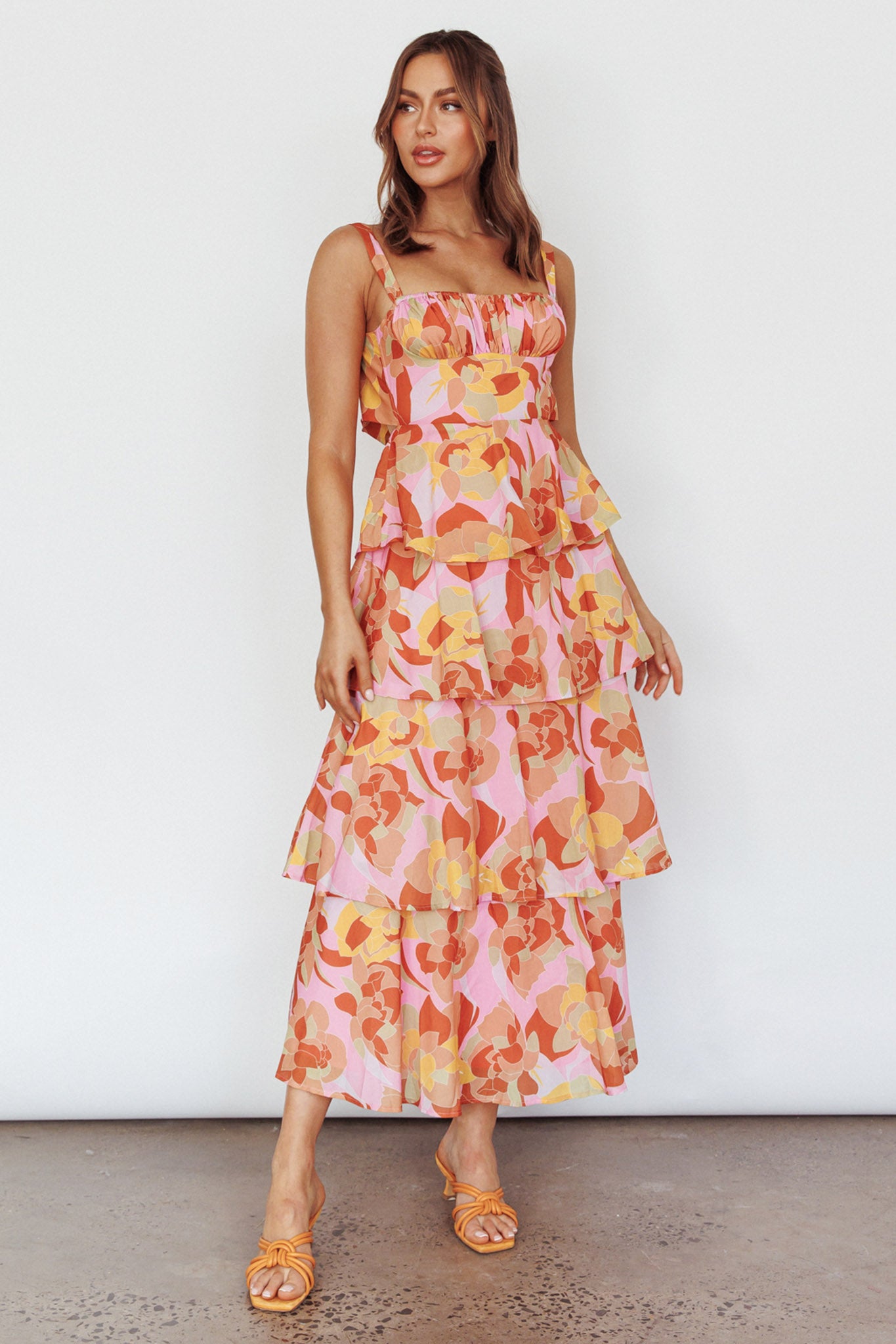 Provence Bloom Tiered Midi Dress Abstract Pink Multi by Selfie Leslie Australia