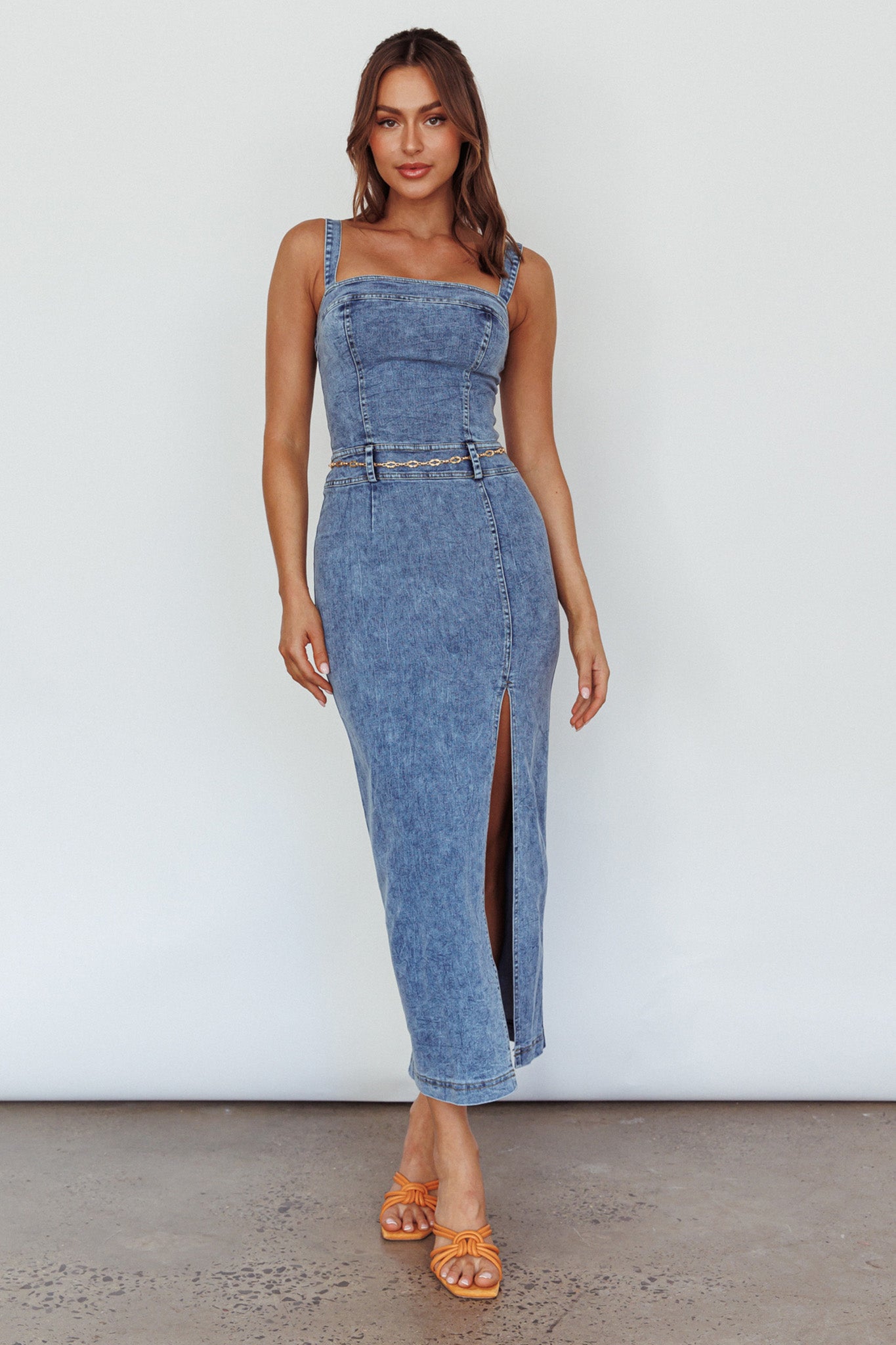 Onyx Thigh Split Midi Dress Denim by Selfie Leslie Australia