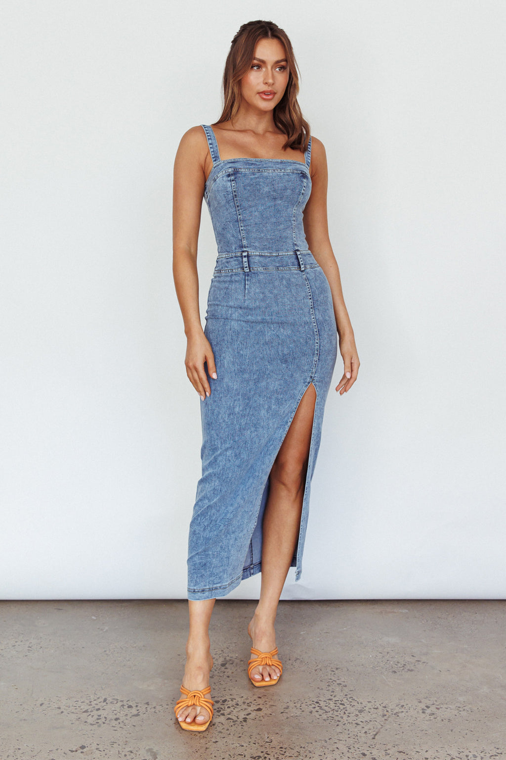 Onyx Thigh Split Midi Dress Denim by Selfie Leslie Australia
