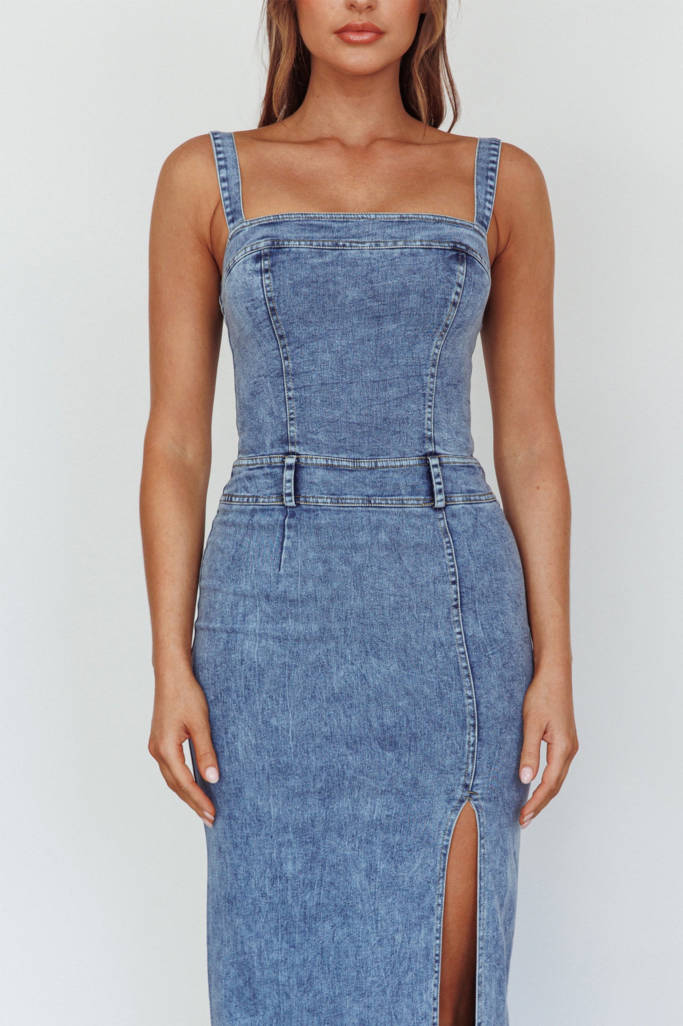 Onyx Thigh Split Midi Dress Denim by Selfie Leslie Australia