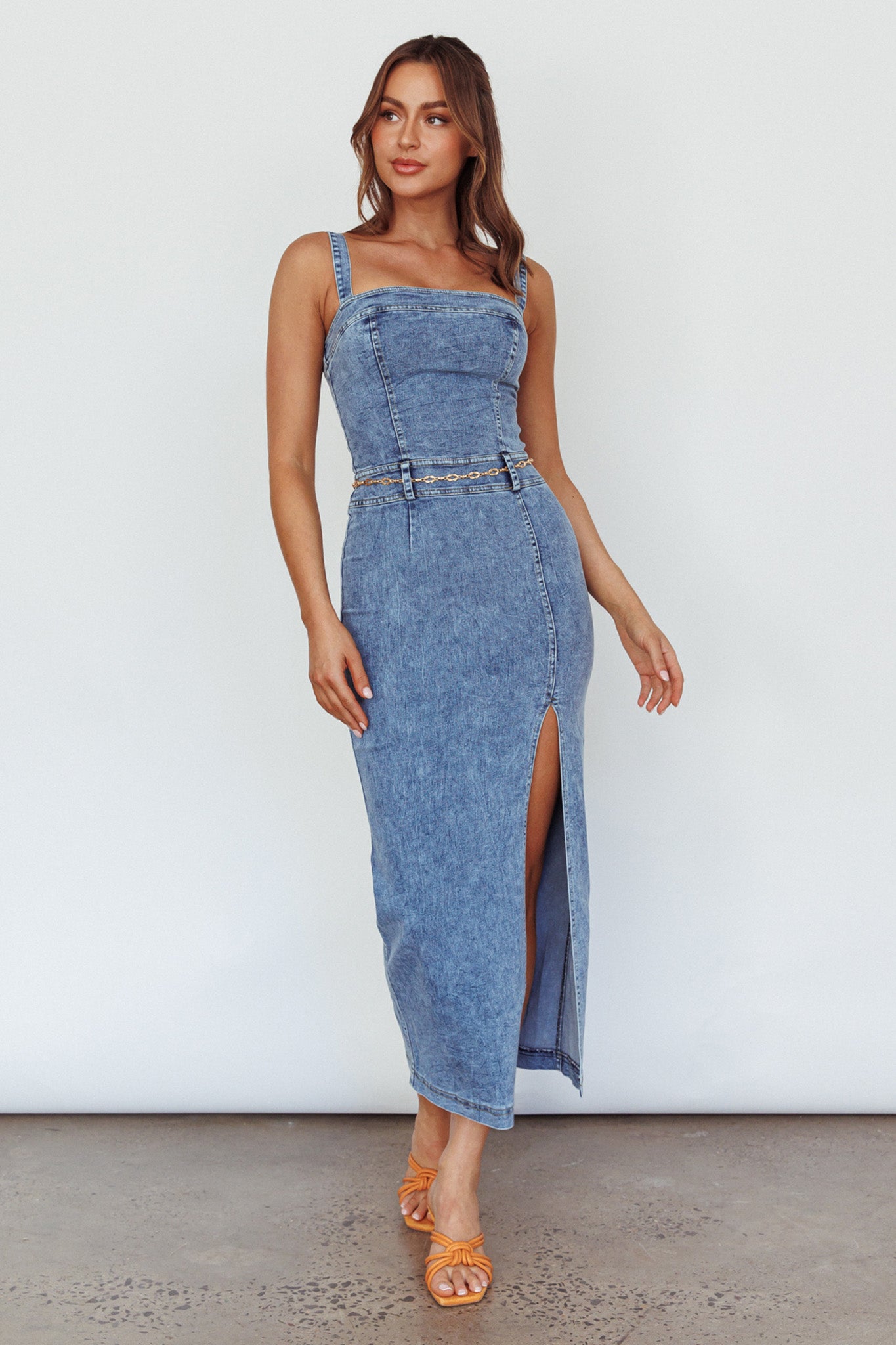 Onyx Thigh Split Midi Dress Denim by Selfie Leslie Australia
