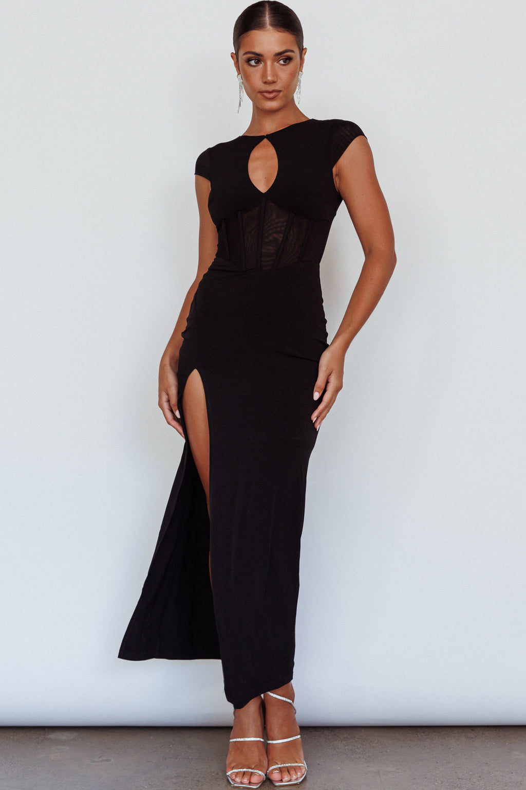 Capricorn Cap Sleeve Keyhole Maxi Dress Black by Selfie Leslie Australia