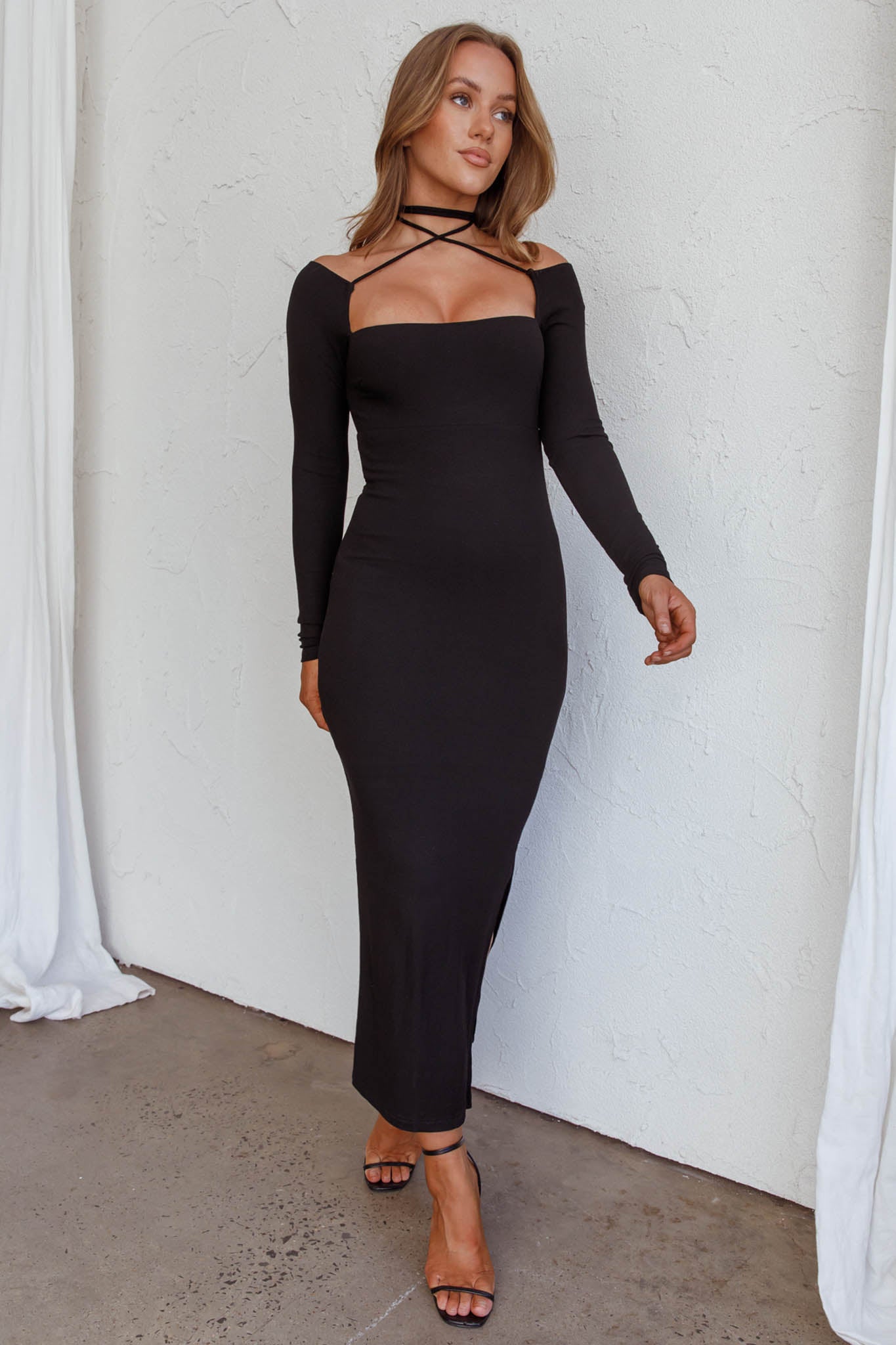News Flash Long Sleeve Midi Dress Black by Selfie Leslie Australia