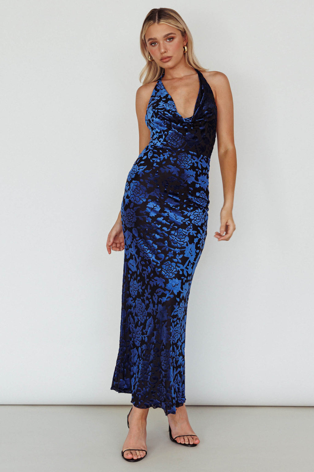 Byzantine Cowl Halterneck Midi Dress Floral Midnight Blue by Selfie Leslie Australia