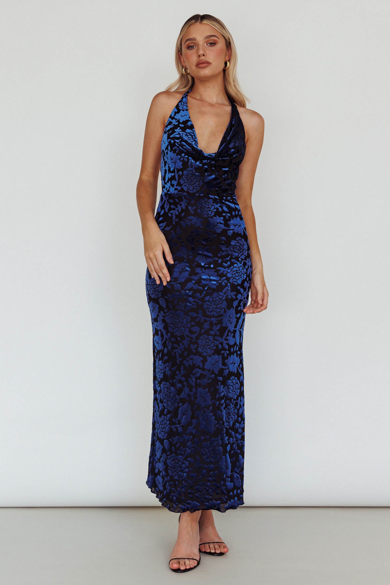 Byzantine Cowl Halterneck Midi Dress Floral Midnight Blue by Selfie Leslie Australia