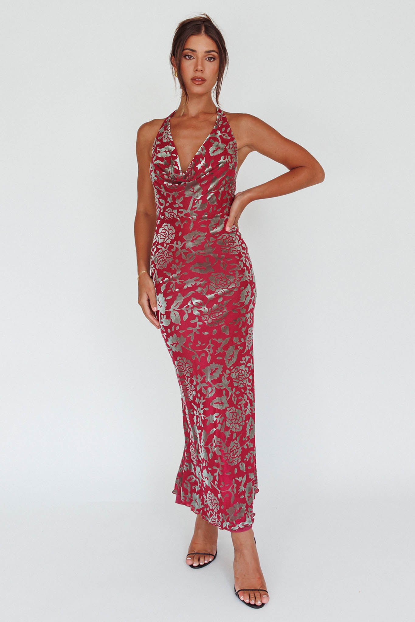 Byzantine Cowl Halterneck Midi Dress Floral Wine by Selfie Leslie Australia