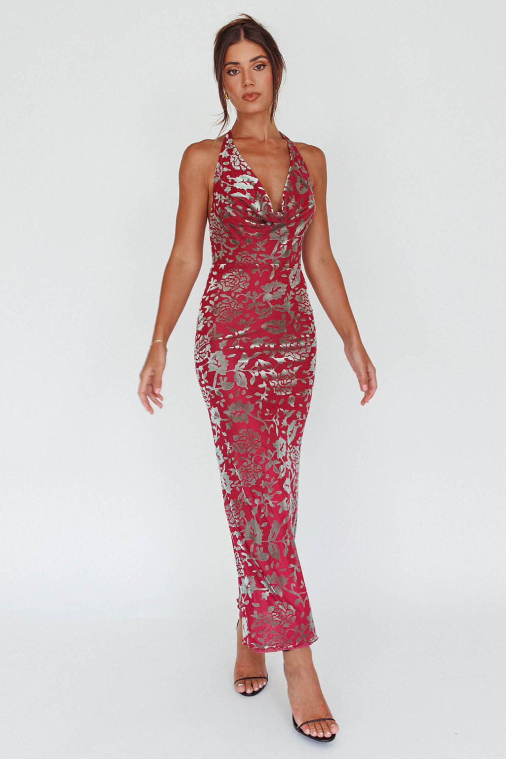 Byzantine Cowl Halterneck Midi Dress Floral Wine by Selfie Leslie Australia
