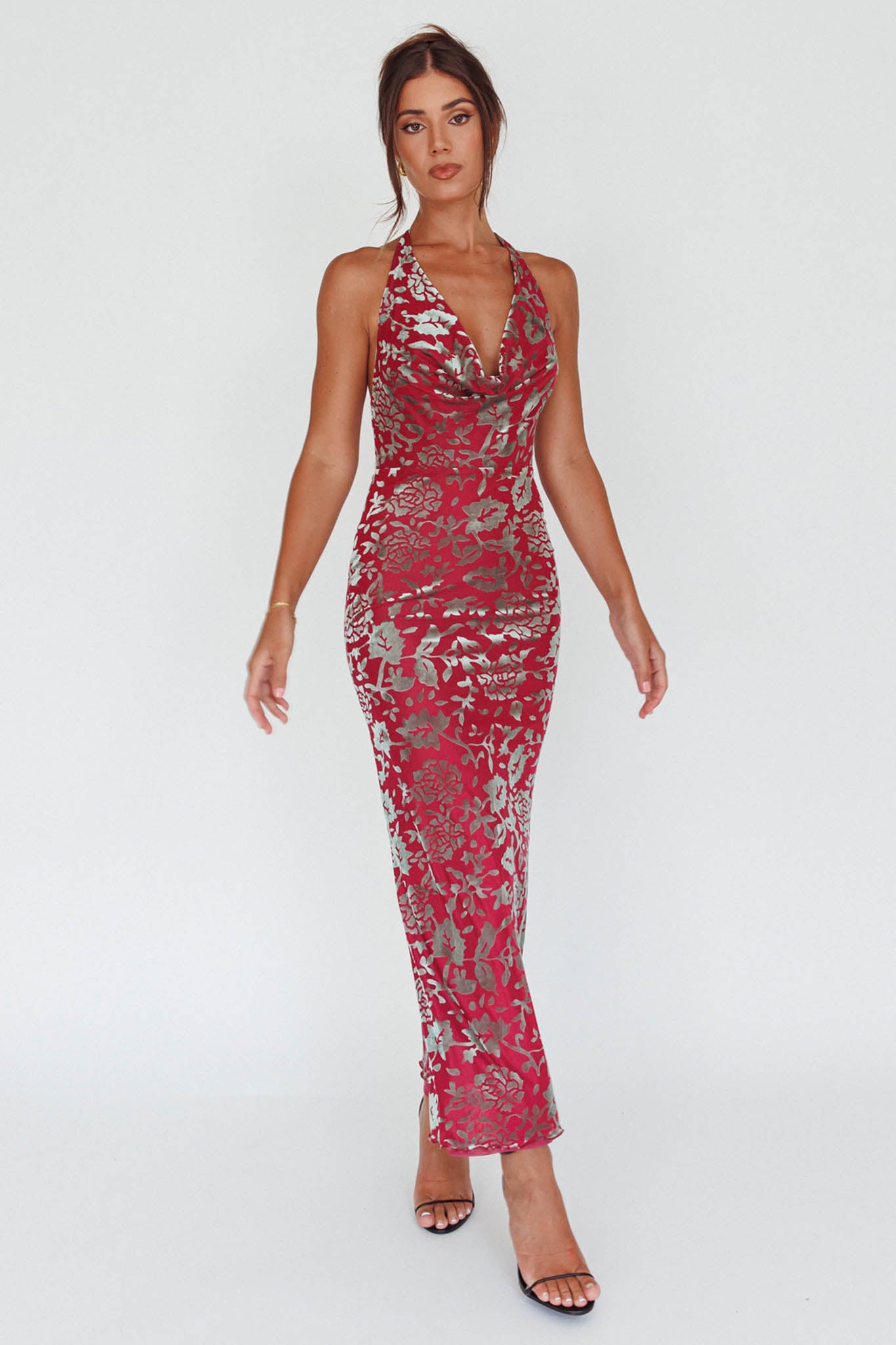 Byzantine Cowl Halterneck Midi Dress Floral Wine by Selfie Leslie Australia
