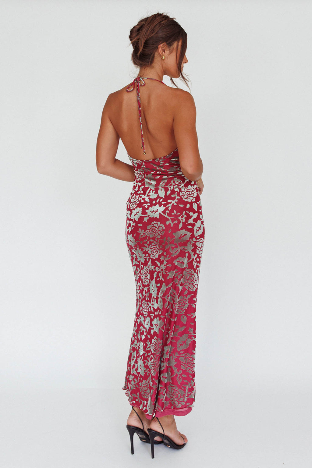 Byzantine Cowl Halterneck Midi Dress Floral Wine by Selfie Leslie Australia