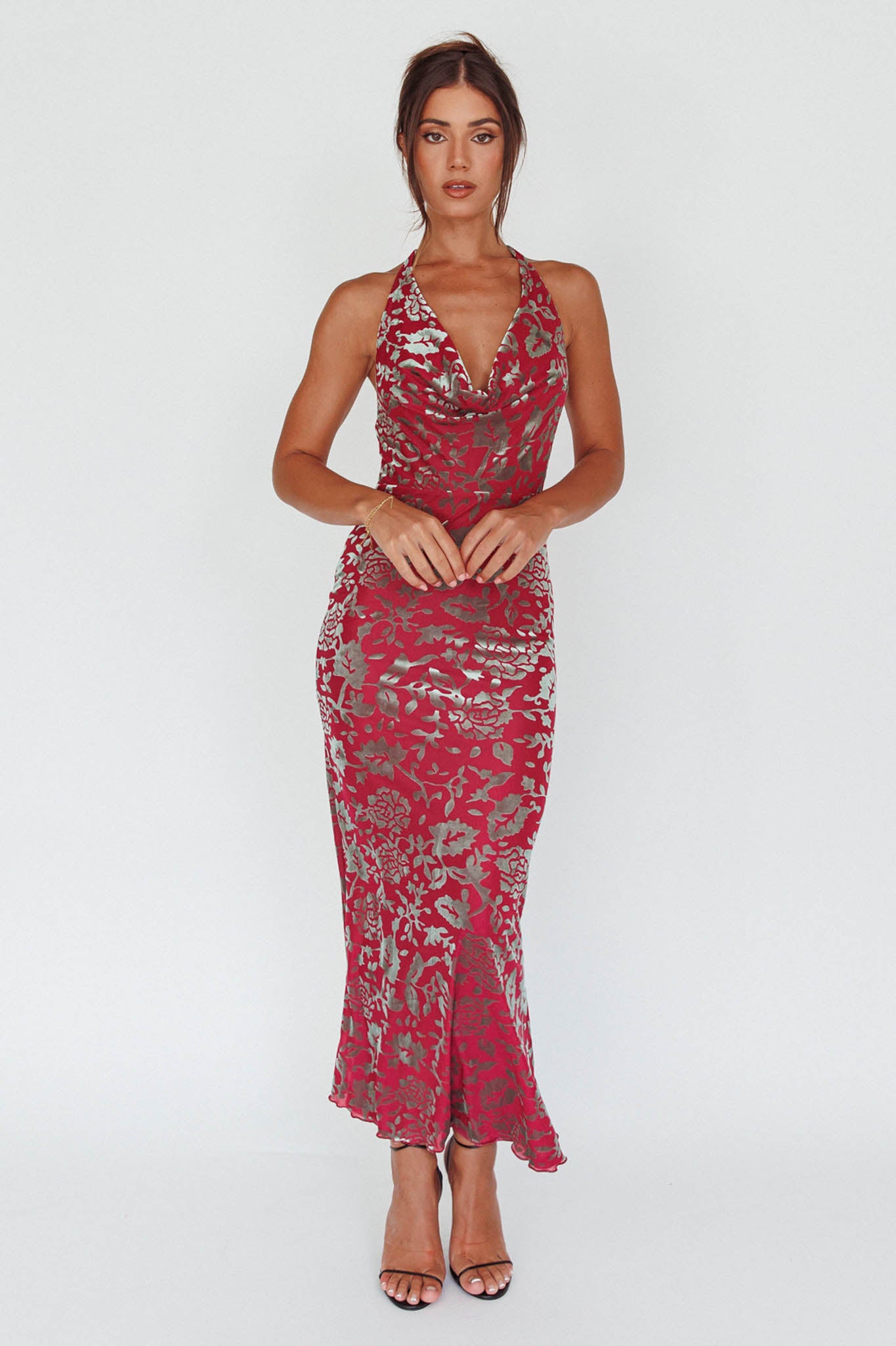 Byzantine Cowl Halterneck Midi Dress Floral Wine by Selfie Leslie Australia