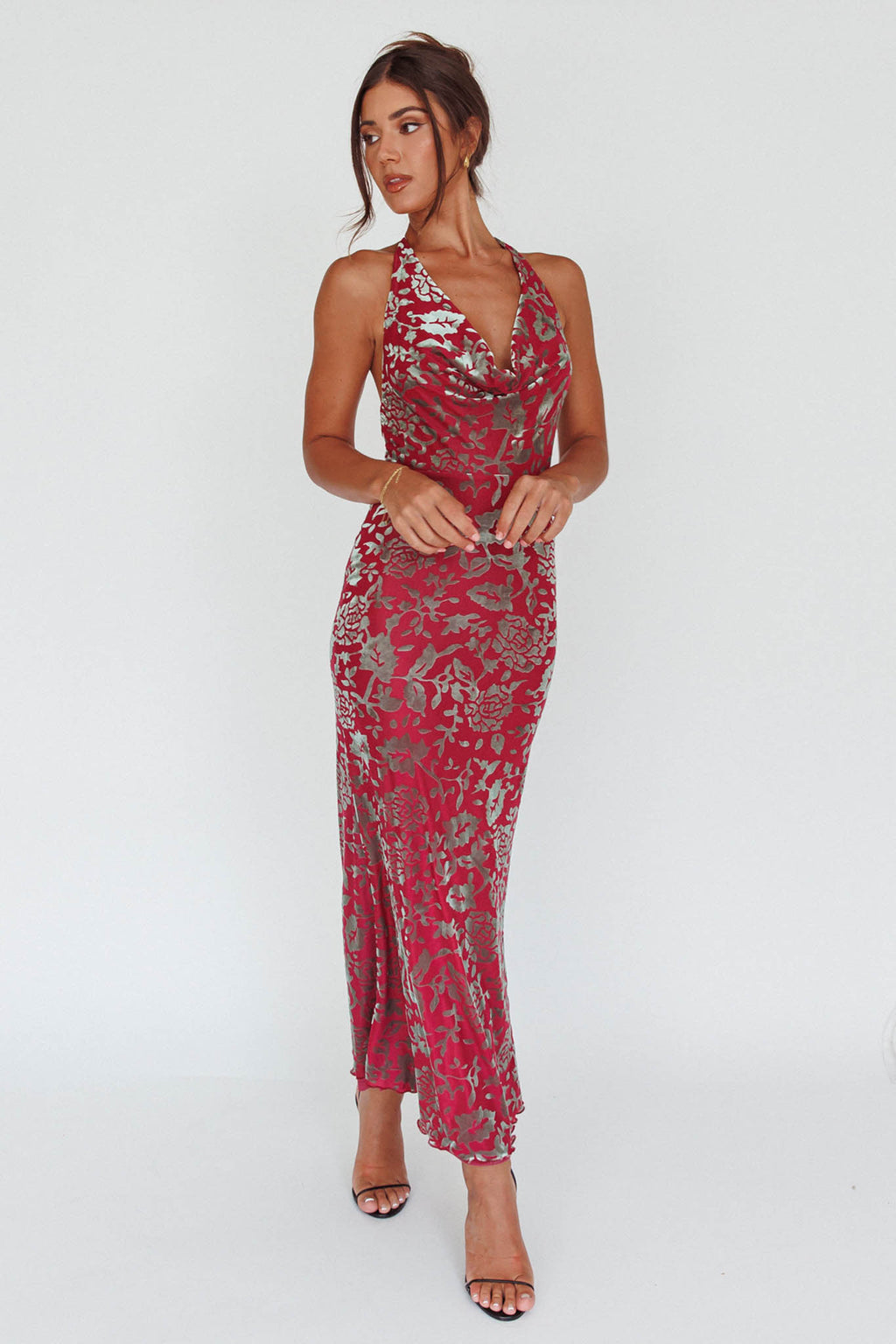 Byzantine Cowl Halterneck Midi Dress Floral Wine by Selfie Leslie Australia