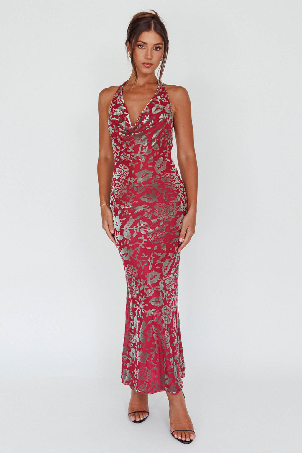 Byzantine Cowl Halterneck Midi Dress Floral Wine by Selfie Leslie Australia