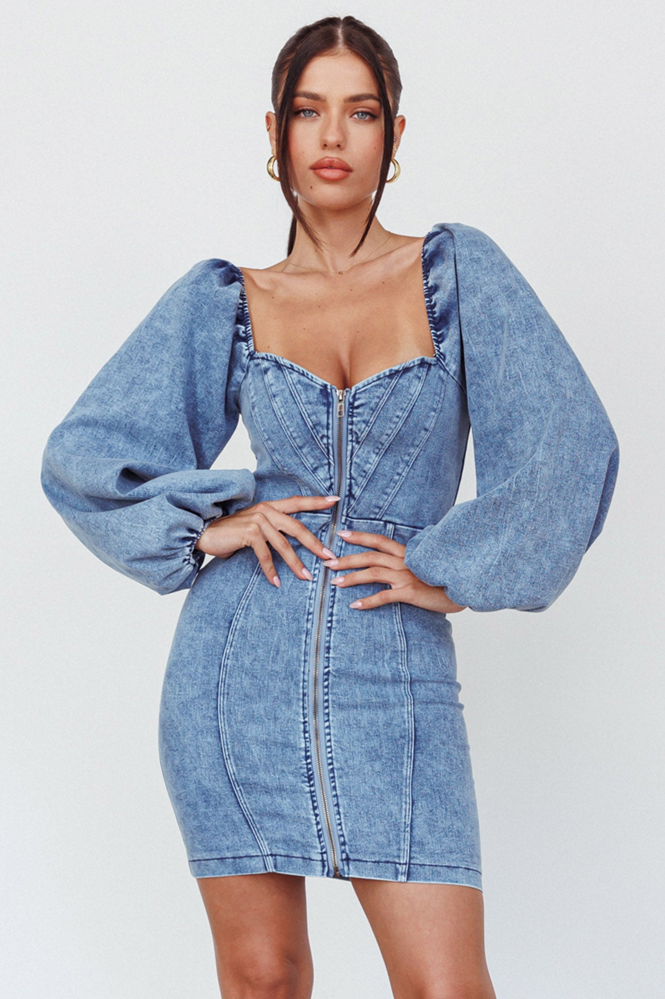 Tasmyn Balloon Sleeve Zipper Mini Dress Denim by Selfie Leslie Australia