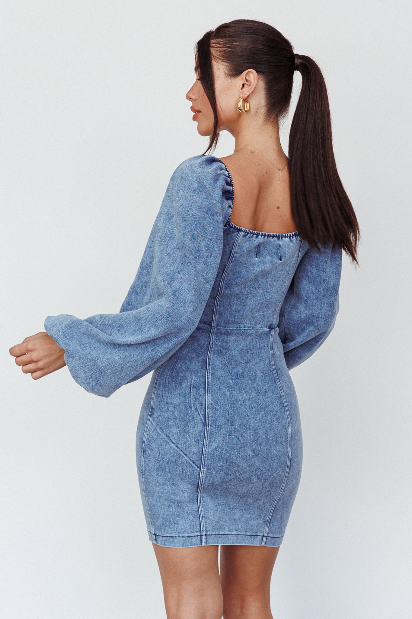 Tasmyn Balloon Sleeve Zipper Mini Dress Denim by Selfie Leslie Australia
