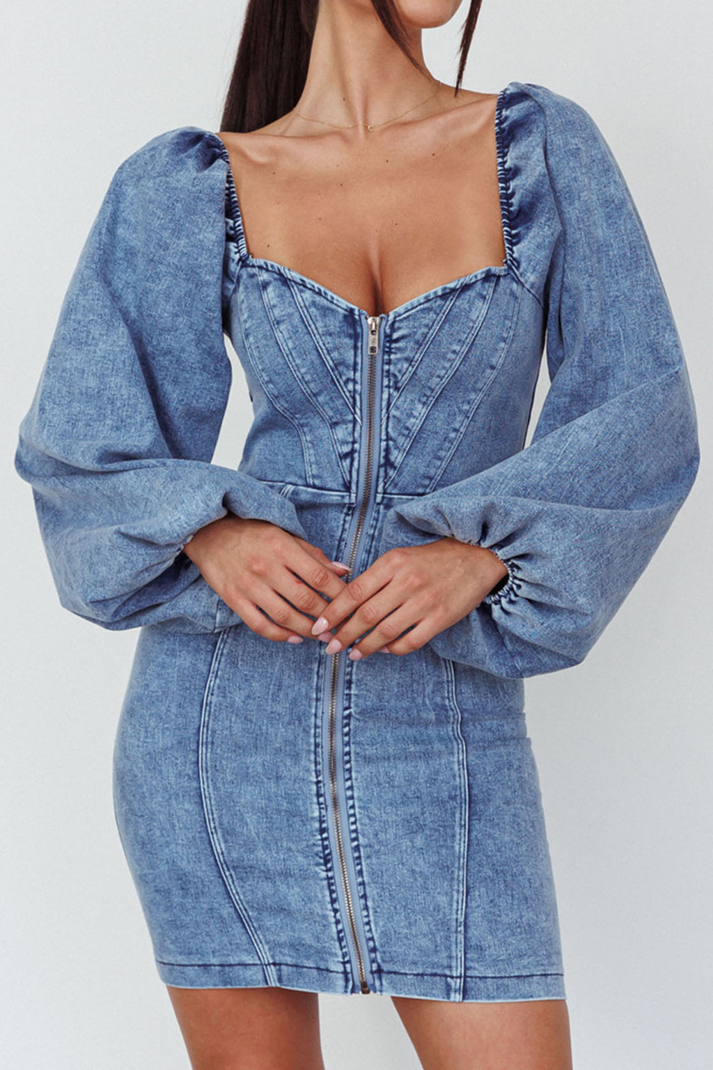 Tasmyn Balloon Sleeve Zipper Mini Dress Denim by Selfie Leslie Australia