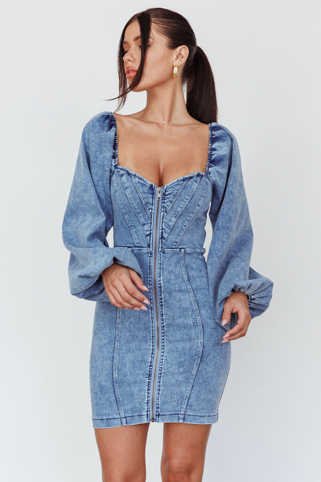 Tasmyn Balloon Sleeve Zipper Mini Dress Denim by Selfie Leslie Australia
