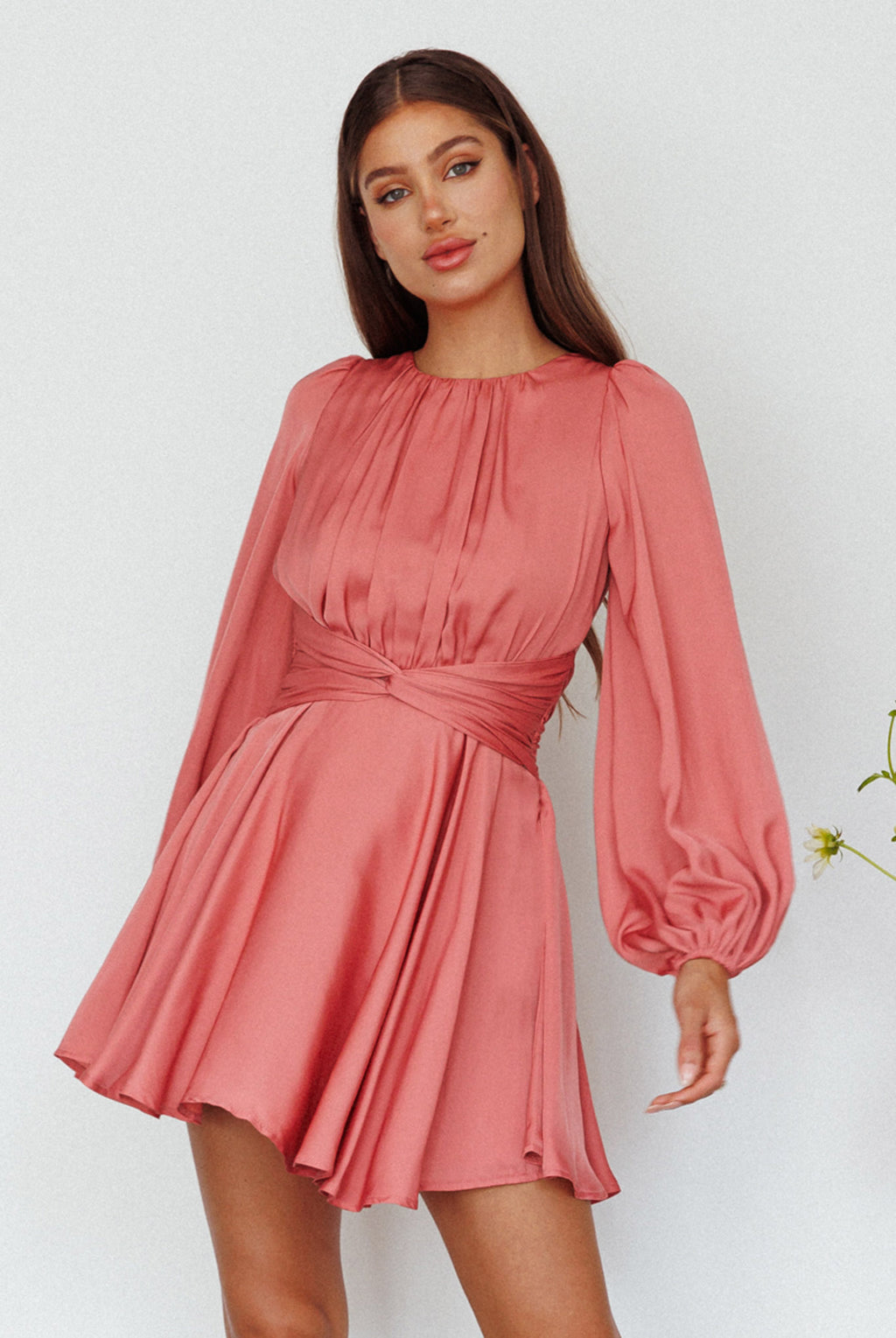 Leia Long Sleeve Waist Tie Mini Dress Rose by Selfie Leslie Australia