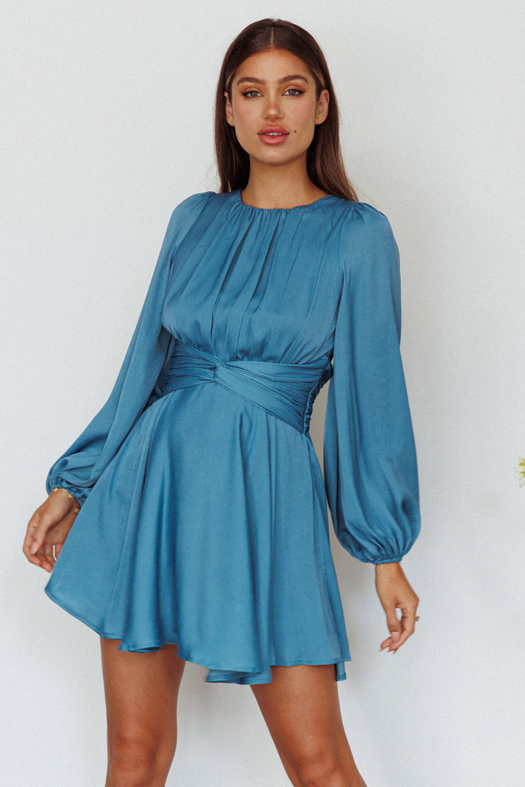 Leia Long Sleeve Waist Tie Mini Dress Teal by Selfie Leslie Australia