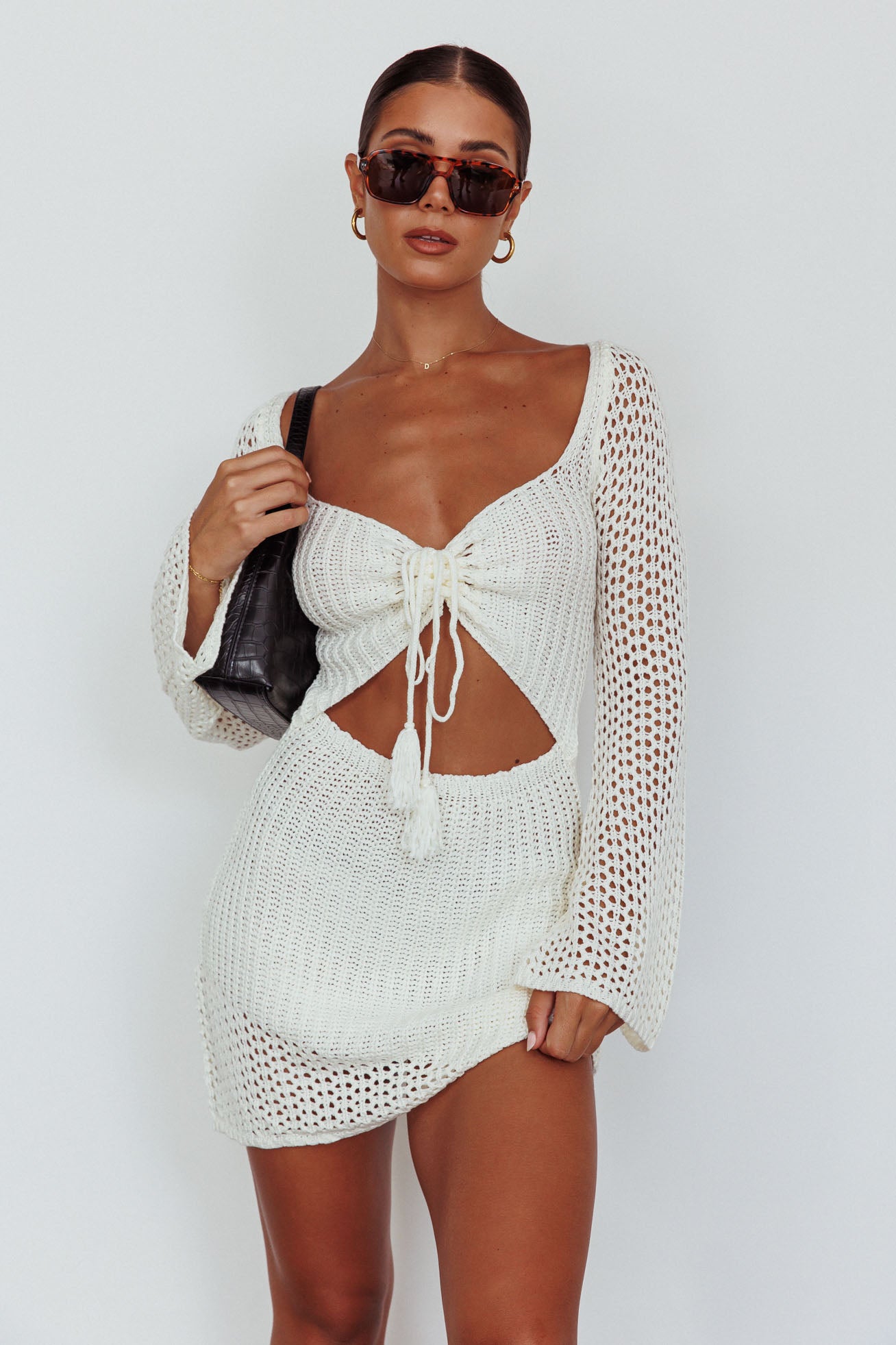 Jamaica Bell Sleeve Crochet Mini Dress White by Selfie Leslie Australia