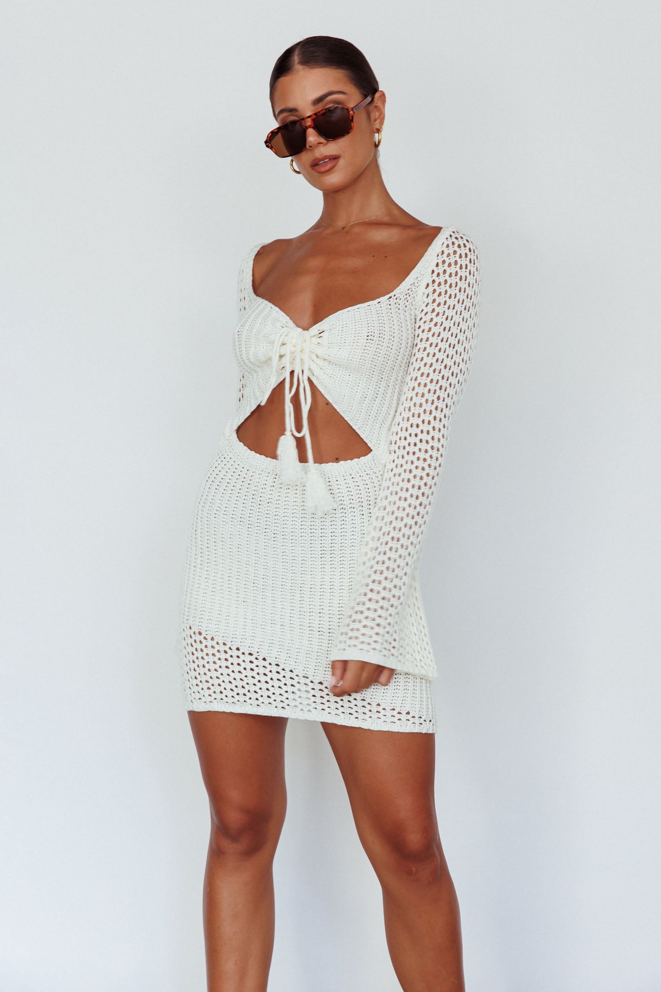 Jamaica Bell Sleeve Crochet Mini Dress White by Selfie Leslie Australia