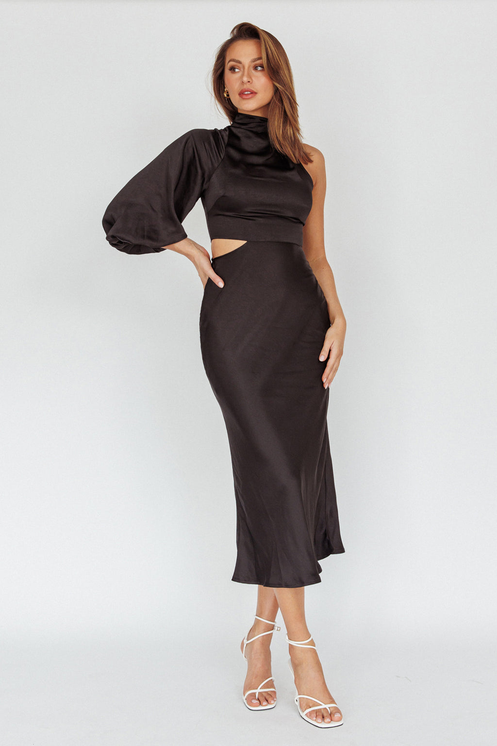 Thessaly One Sleeve Midi Dress Black by Selfie Leslie Australia