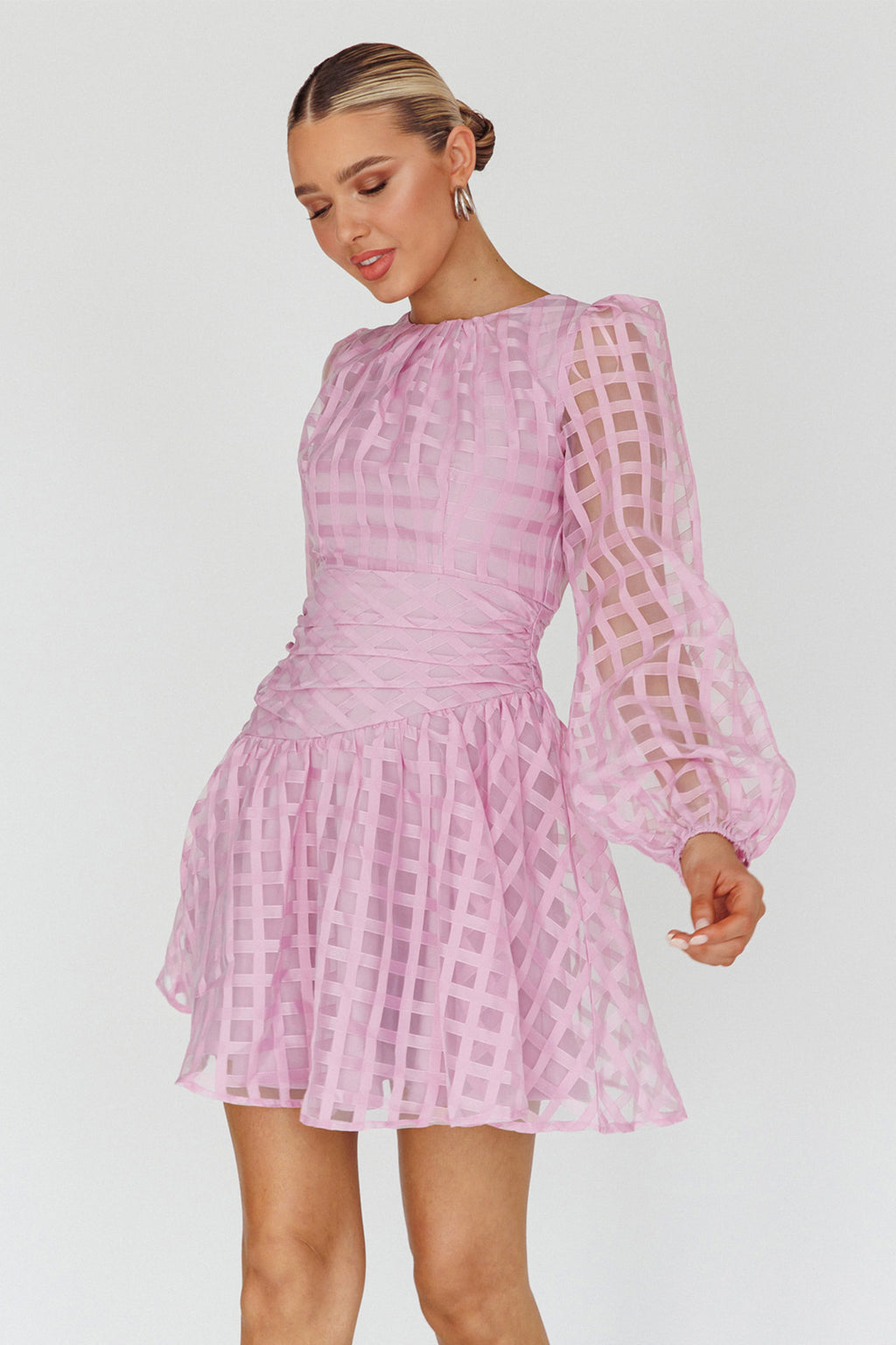 Tatiana Long Sleeve Plaid Mini Dress Lilac by Selfie Leslie Australia