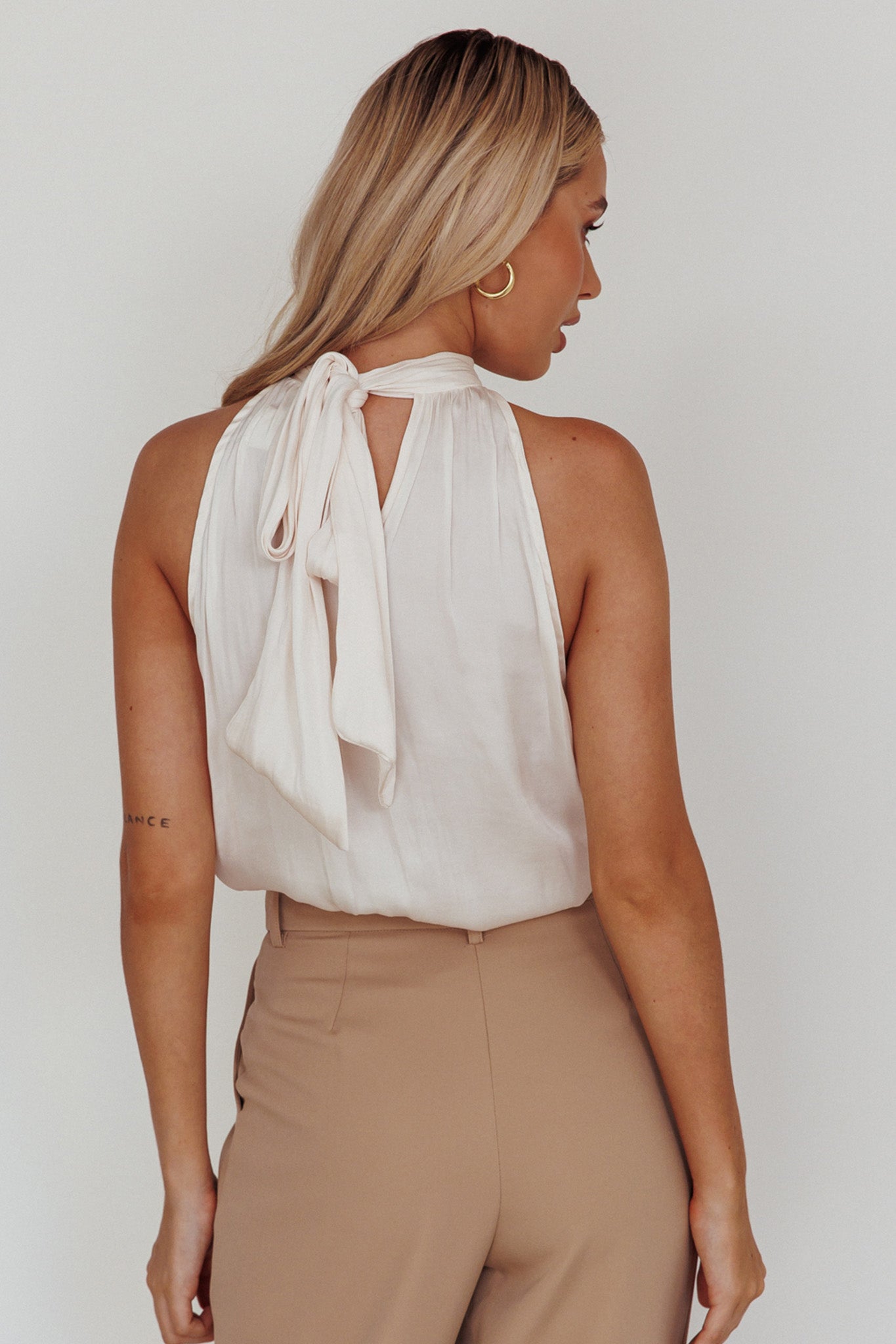 Calisto Sleeveless Tied Neck Top Cream by Selfie Leslie Australia