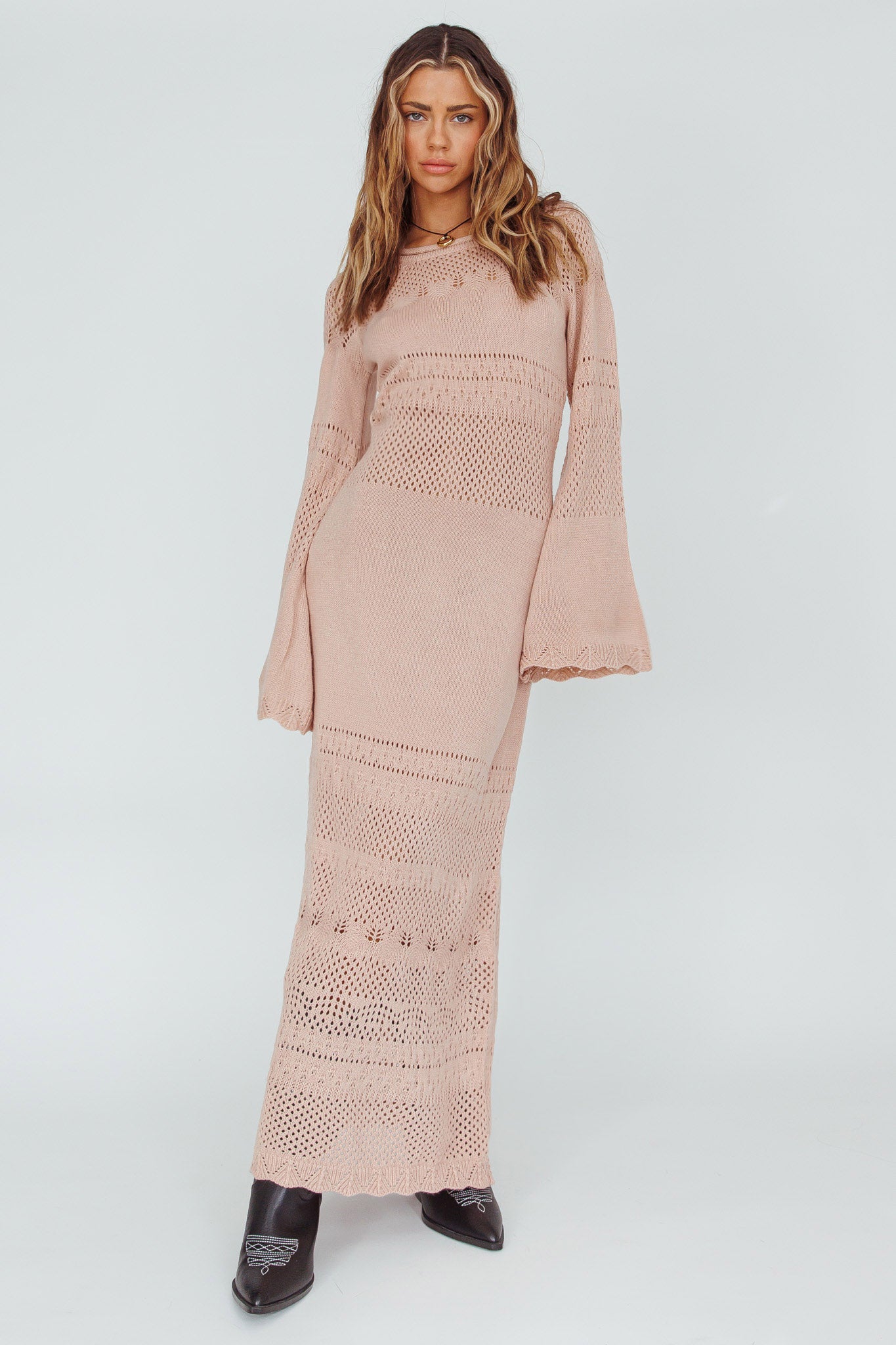 Gail Long Sleeve Crochet Maxi Dress Blush by Selfie Leslie Australia
