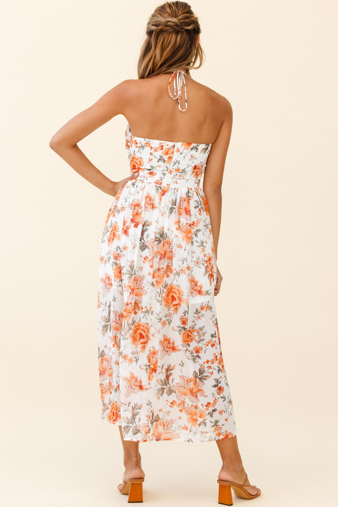 Los Feliz Tied Bust Halterneck Midi Dress Floral Print Orange by Selfie Leslie
