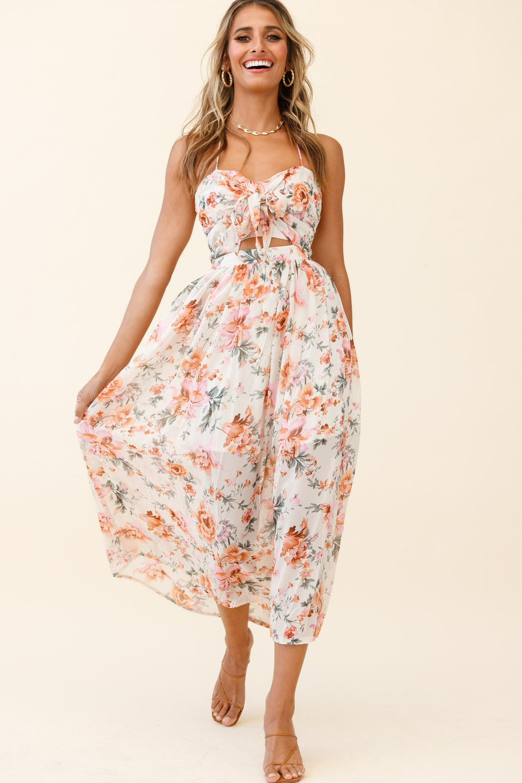 Los Feliz Tied Bust Halterneck Midi Dress Floral Print Pink by Selfie Leslie