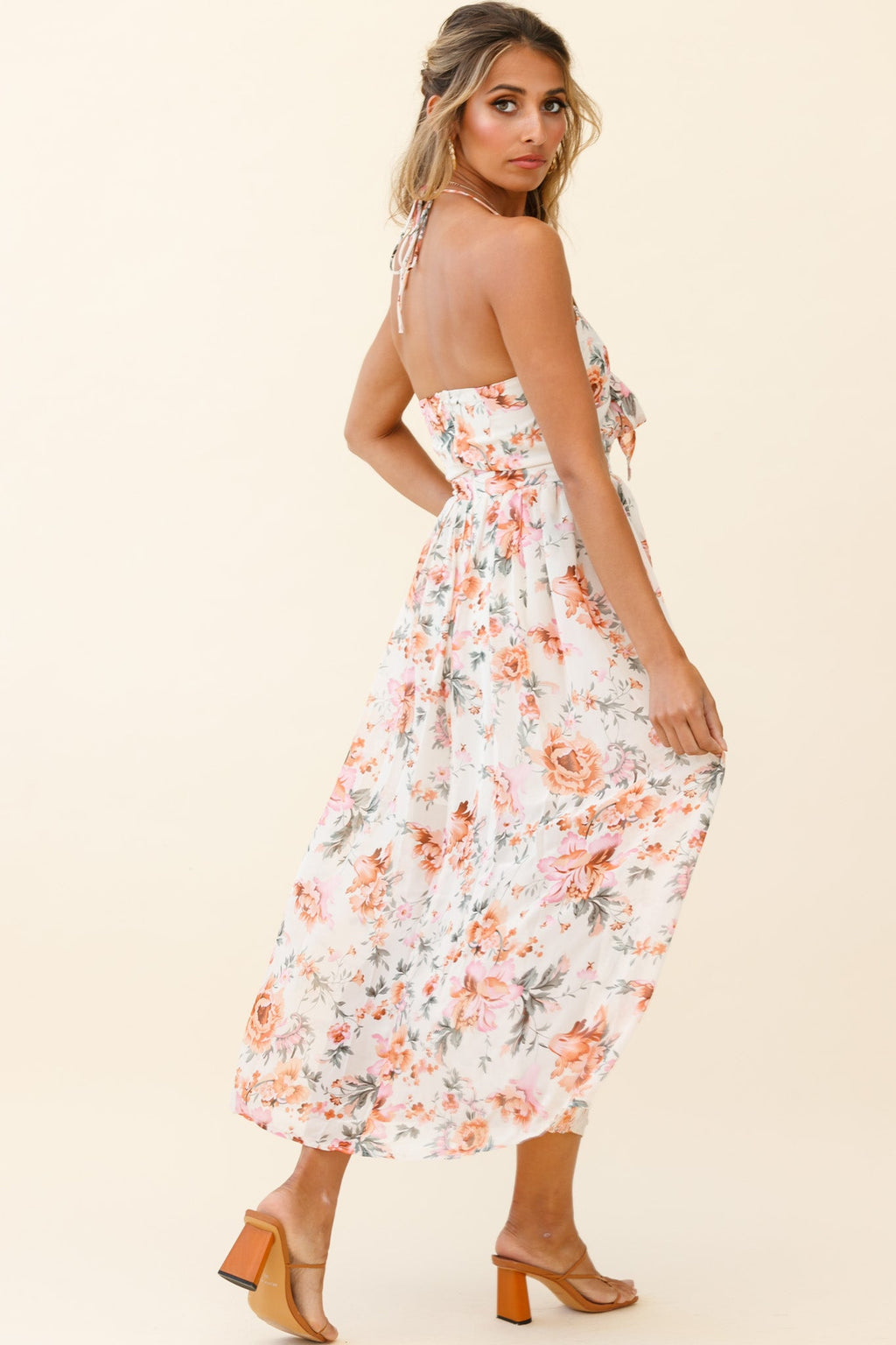 Los Feliz Tied Bust Halterneck Midi Dress Floral Print Pink by Selfie Leslie