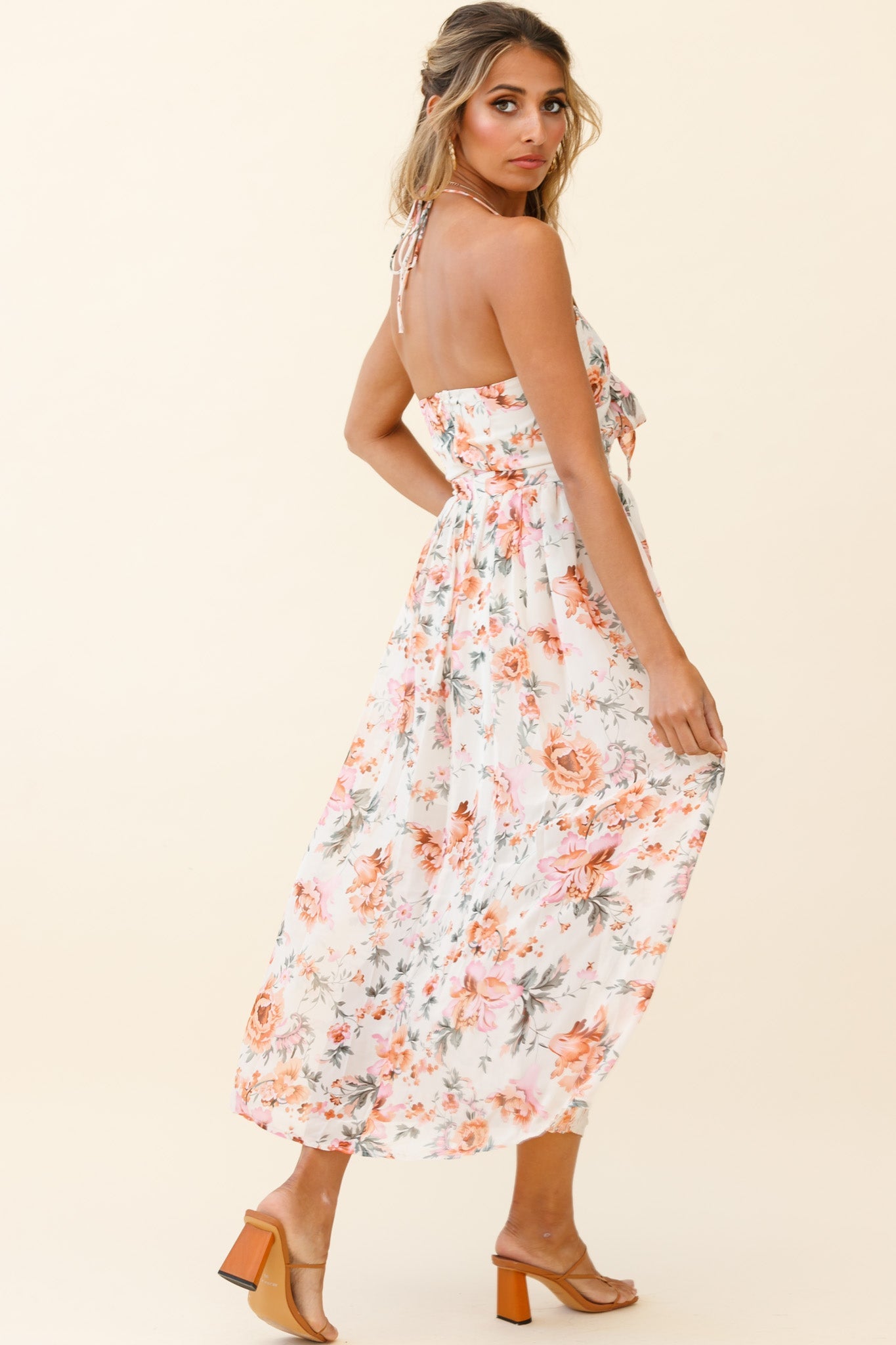 Los Feliz Tied Bust Halterneck Midi Dress Floral Print Pink by Selfie Leslie