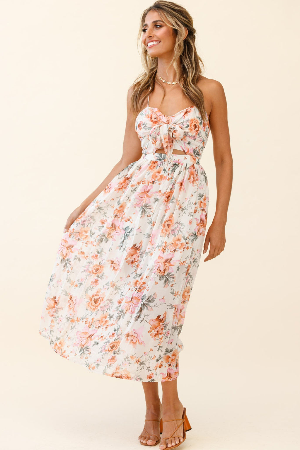 Los Feliz Tied Bust Halterneck Midi Dress Floral Print Pink by Selfie Leslie
