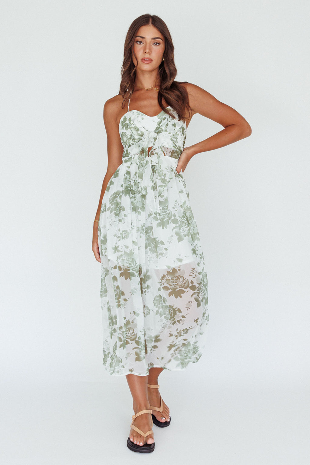 Los Feliz Tied Bust Halterneck Midi Dress Floral Green by Selfie Leslie Australia