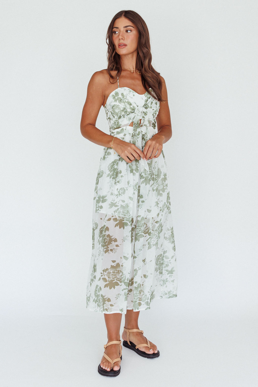 Los Feliz Tied Bust Halterneck Midi Dress Floral Green by Selfie Leslie Australia