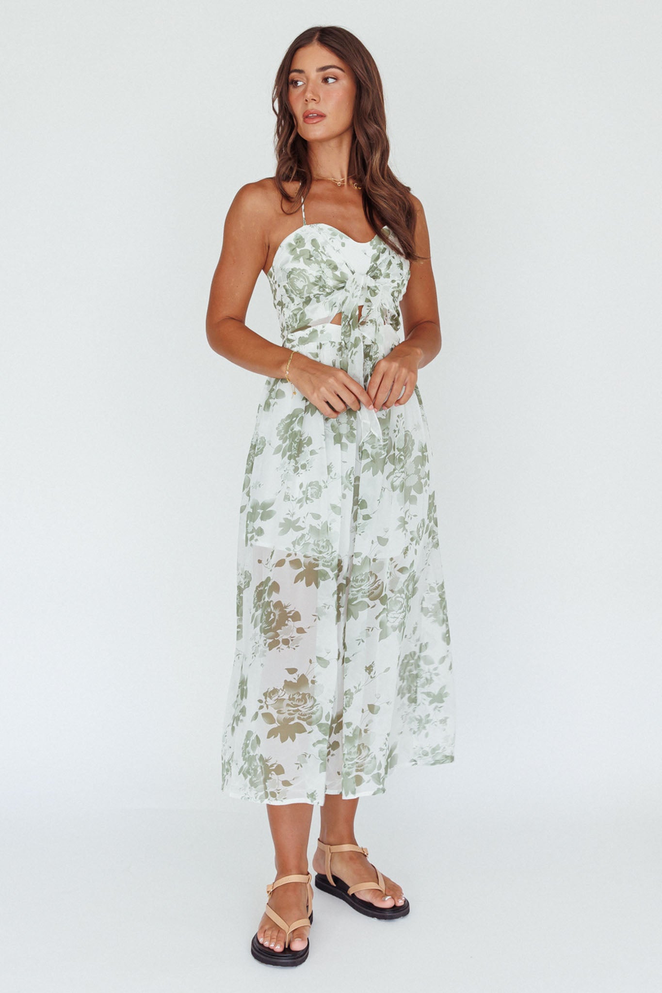 Shop the Los Feliz Tied Bust Halterneck Midi Dress Floral Green ...