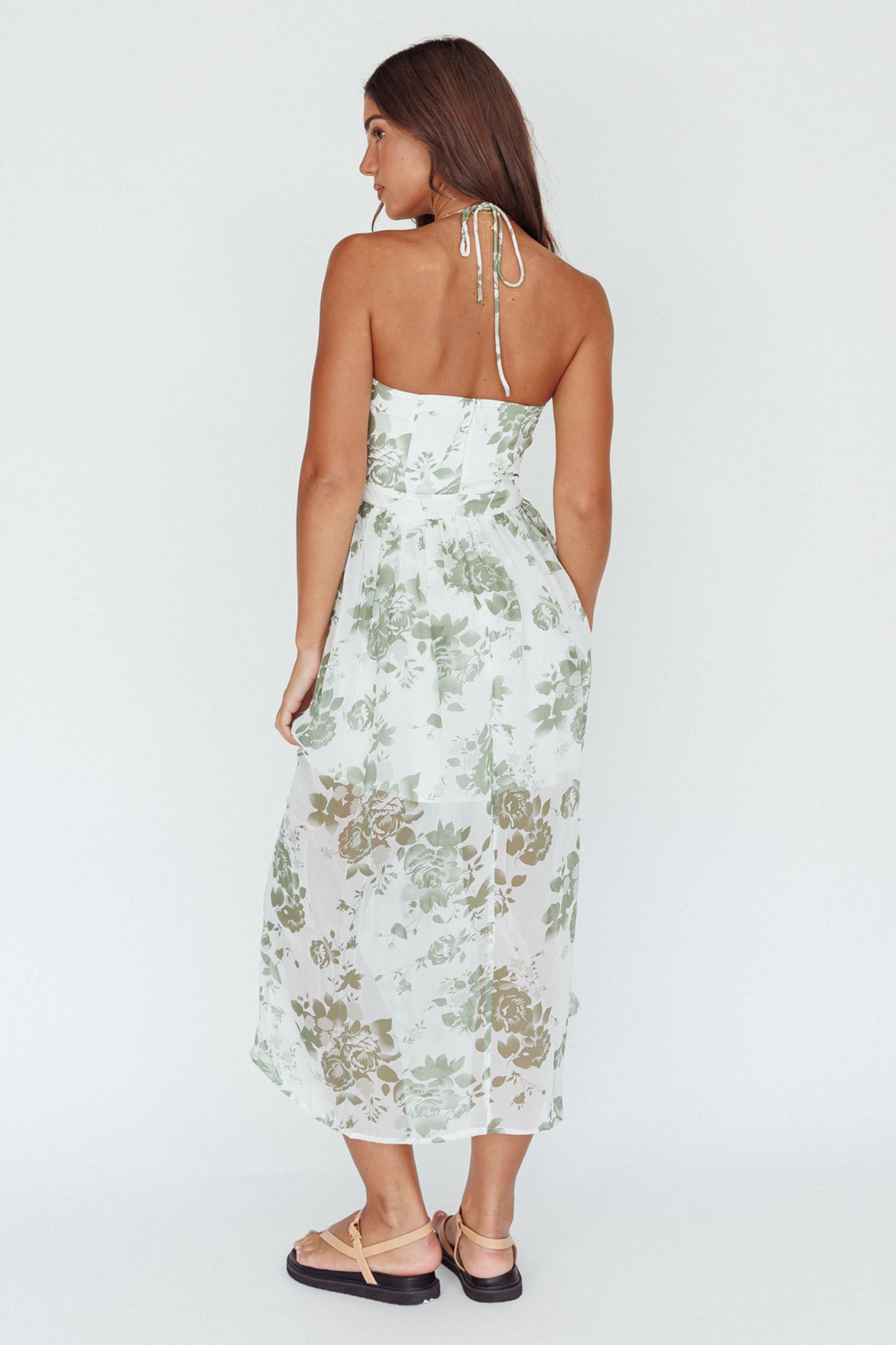 Los Feliz Tied Bust Halterneck Midi Dress Floral Green by Selfie Leslie Australia