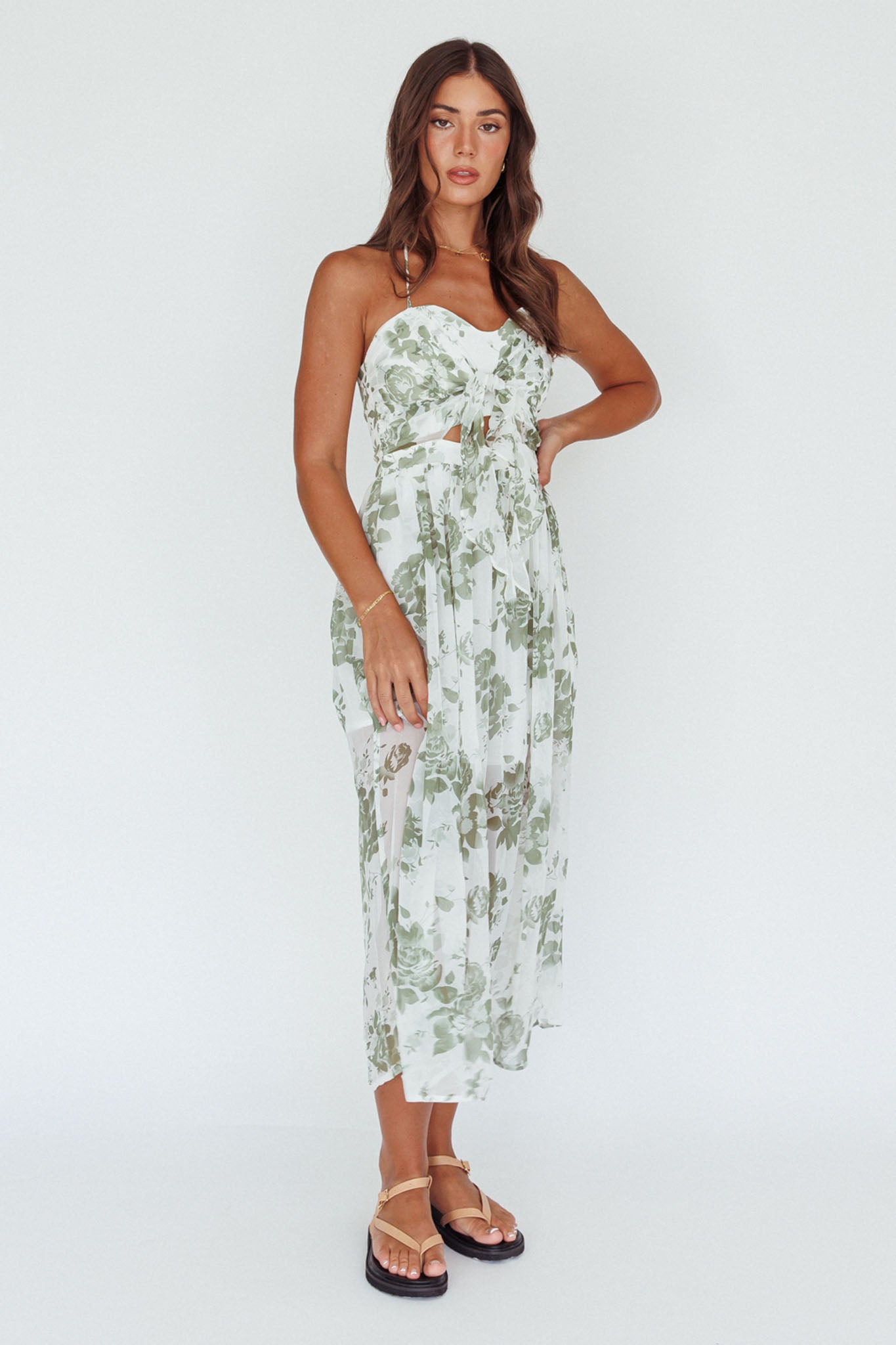 Los Feliz Tied Bust Halterneck Midi Dress Floral Green by Selfie Leslie Australia