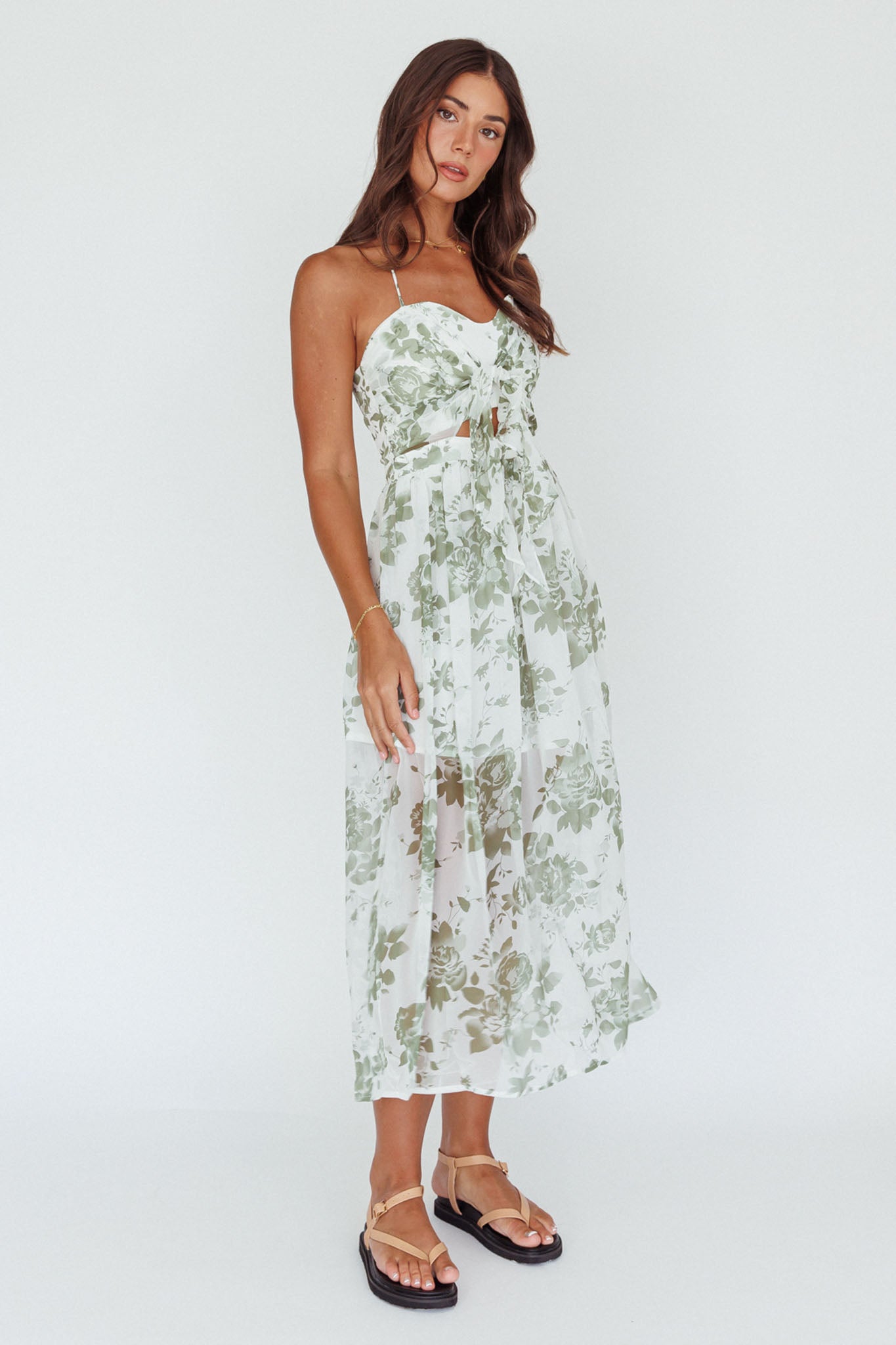 Los Feliz Tied Bust Halterneck Midi Dress Floral Green by Selfie Leslie Australia