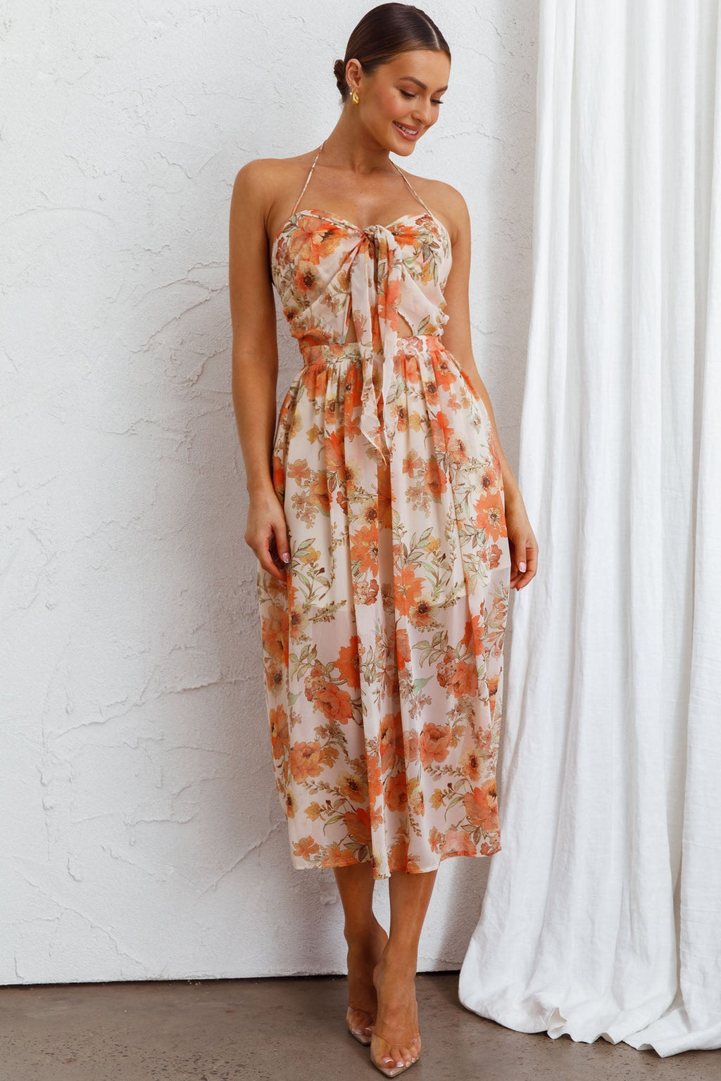 Los Feliz Tied Bust Halterneck Midi Dress Floral Beige by Selfie Leslie