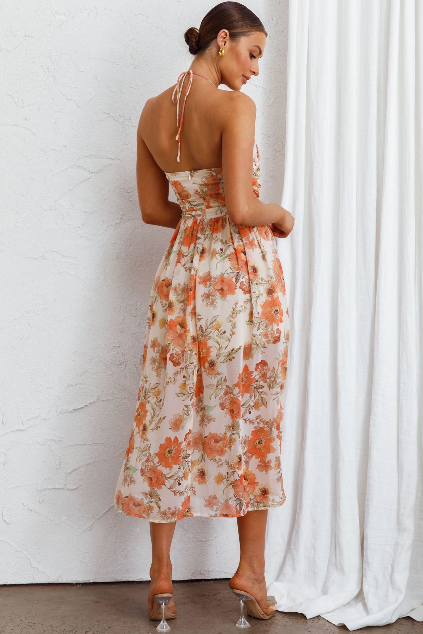 Los Feliz Tied Bust Halterneck Midi Dress Floral Beige by Selfie Leslie