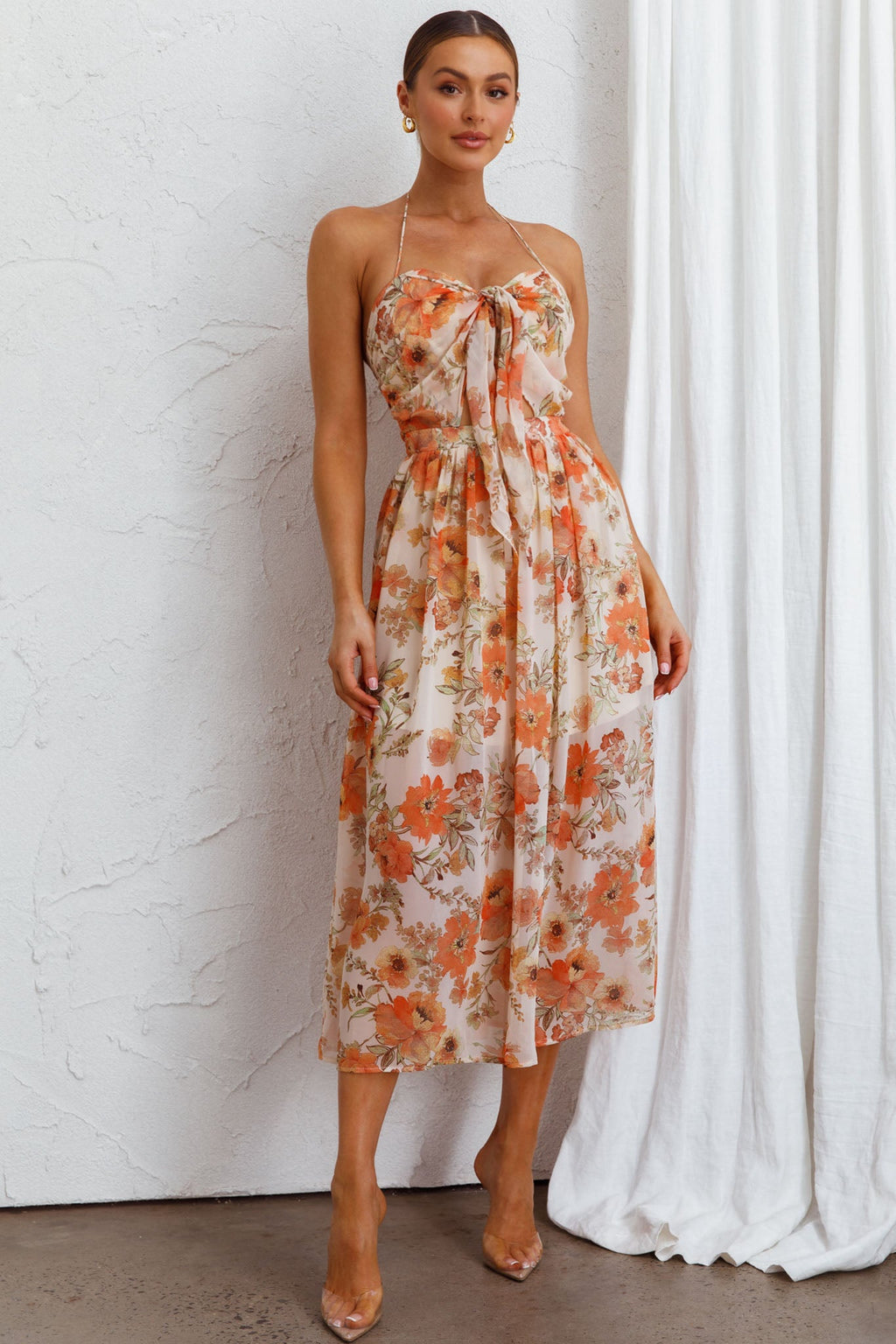 Los Feliz Tied Bust Halterneck Midi Dress Floral Beige by Selfie Leslie