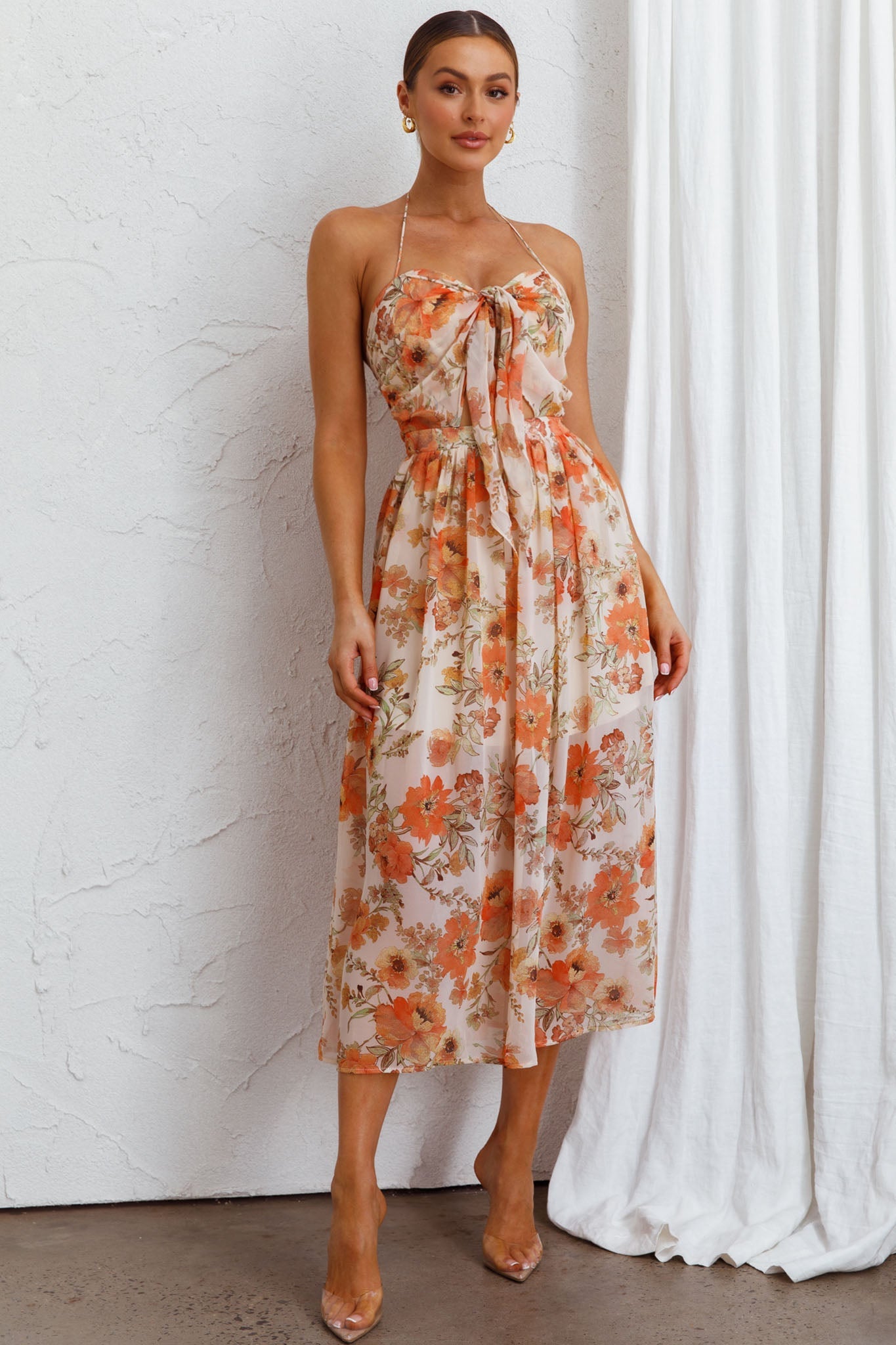 Los Feliz Tied Bust Halterneck Midi Dress Floral Beige by Selfie Leslie