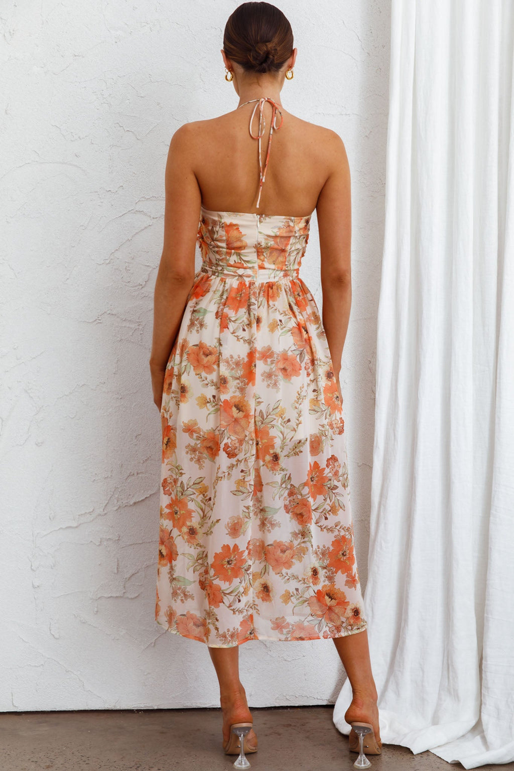 Los Feliz Tied Bust Halterneck Midi Dress Floral Beige by Selfie Leslie