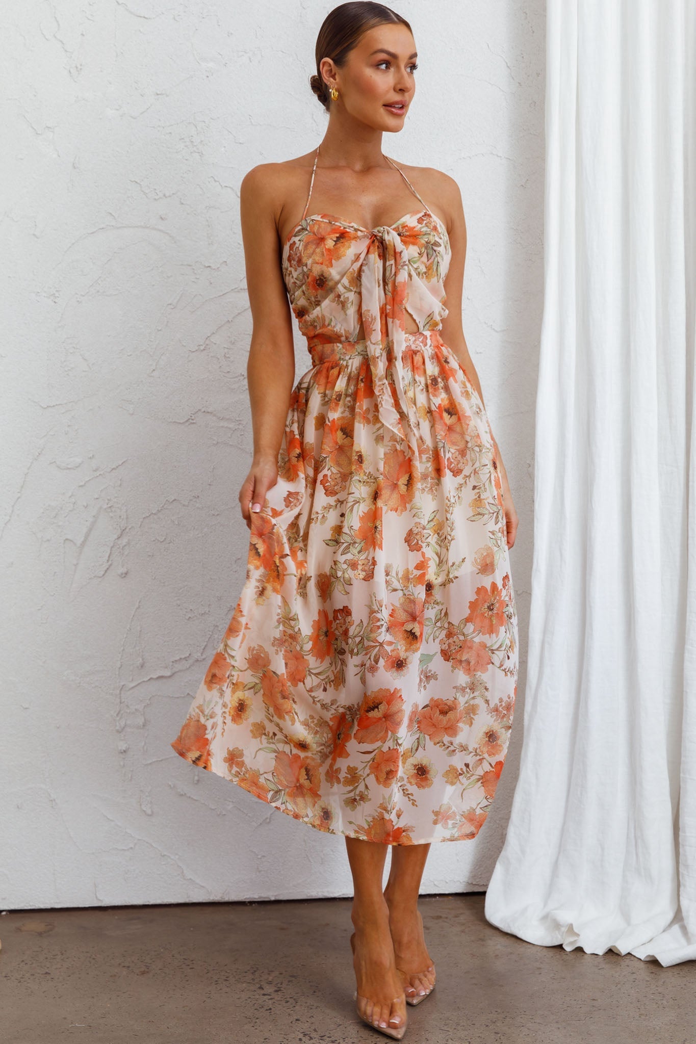 Los Feliz Tied Bust Halterneck Midi Dress Floral Beige by Selfie Leslie