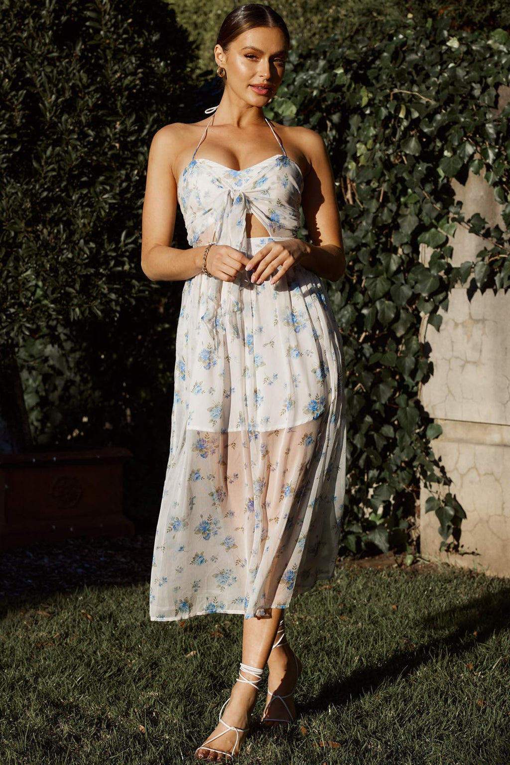 Los Feliz Tied Bust Halterneck Midi Dress Sheer Floral Blue by Selfie Leslie