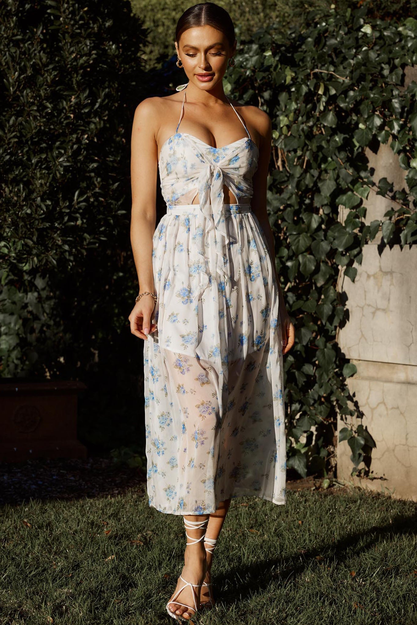 Los Feliz Tied Bust Halterneck Midi Dress Sheer Floral Blue by Selfie Leslie