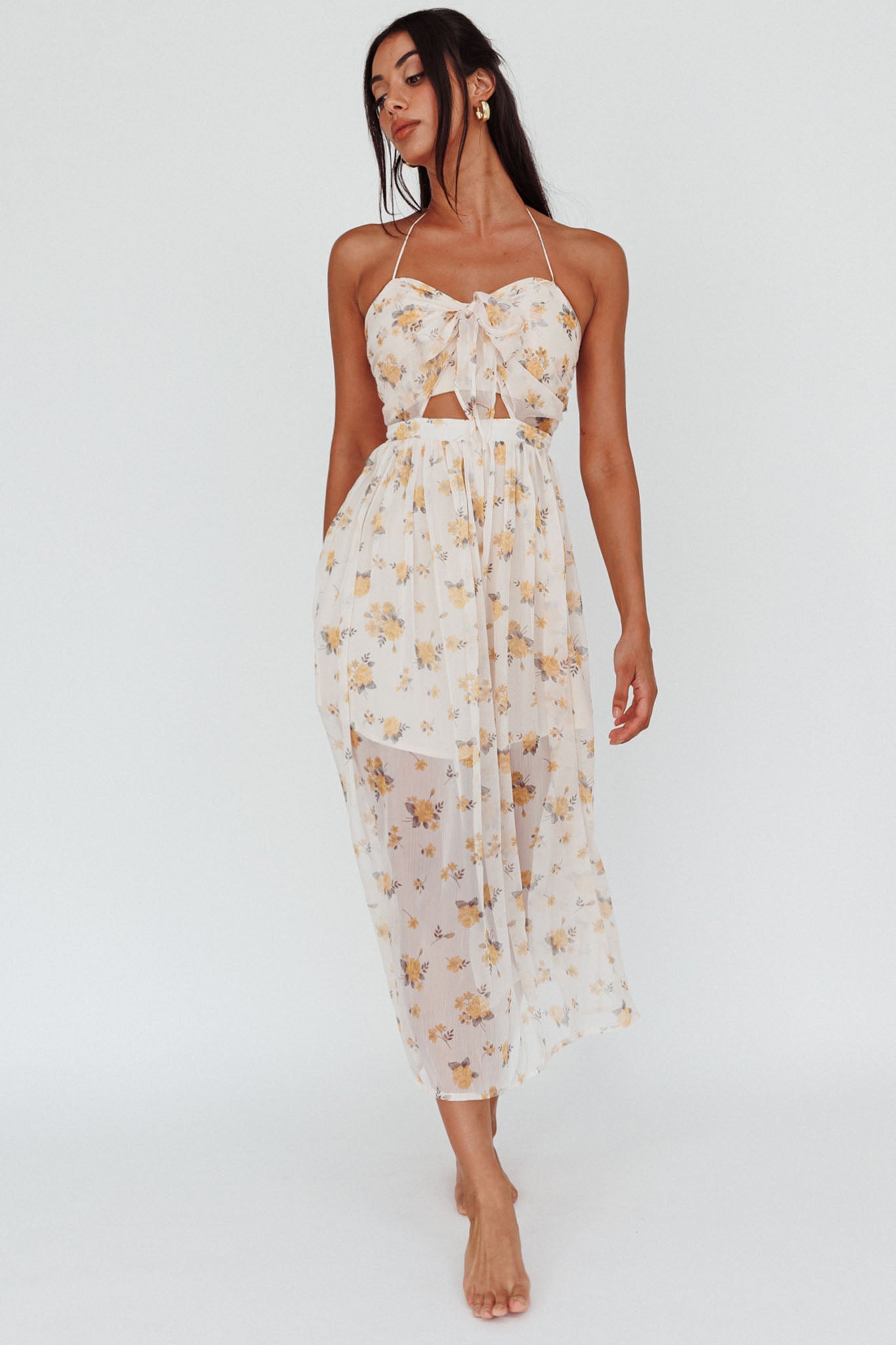 Los Feliz Tied Bust Halterneck Midi Dress Sheer Floral Yellow by Selfie Leslie Australia