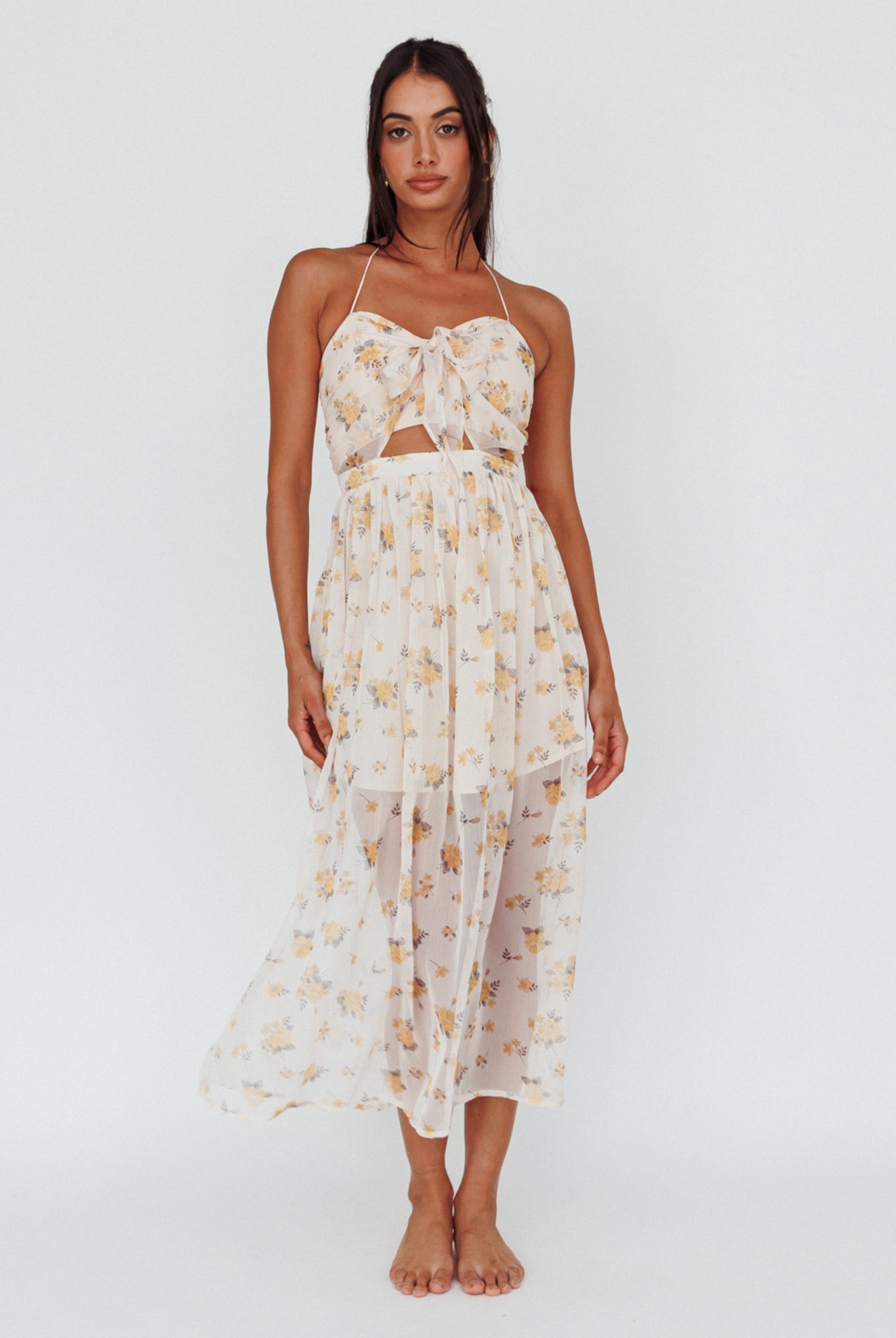 Los Feliz Tied Bust Halterneck Midi Dress Sheer Floral Yellow by Selfie Leslie Australia