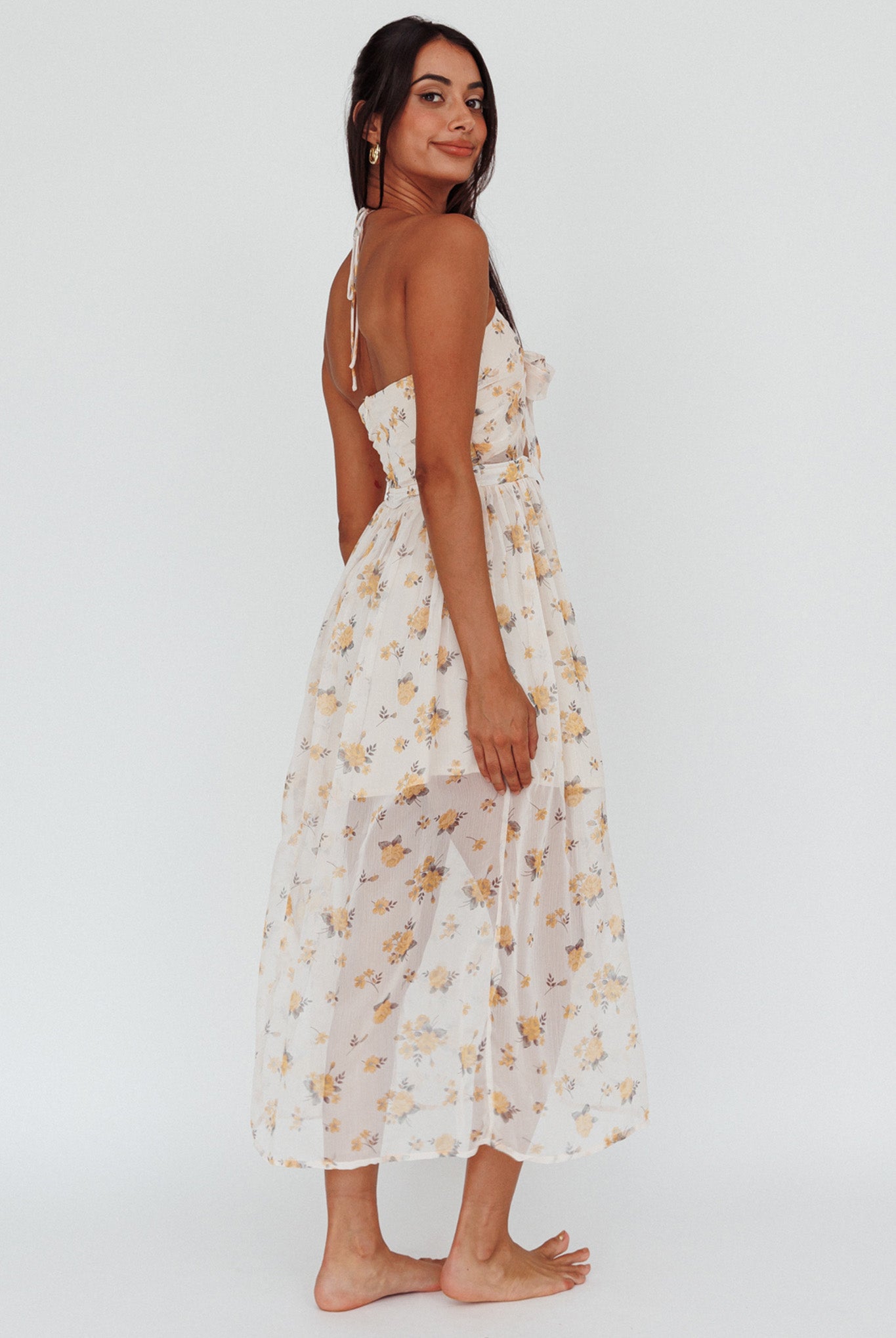 Los Feliz Tied Bust Halterneck Midi Dress Sheer Floral Yellow by Selfie Leslie Australia